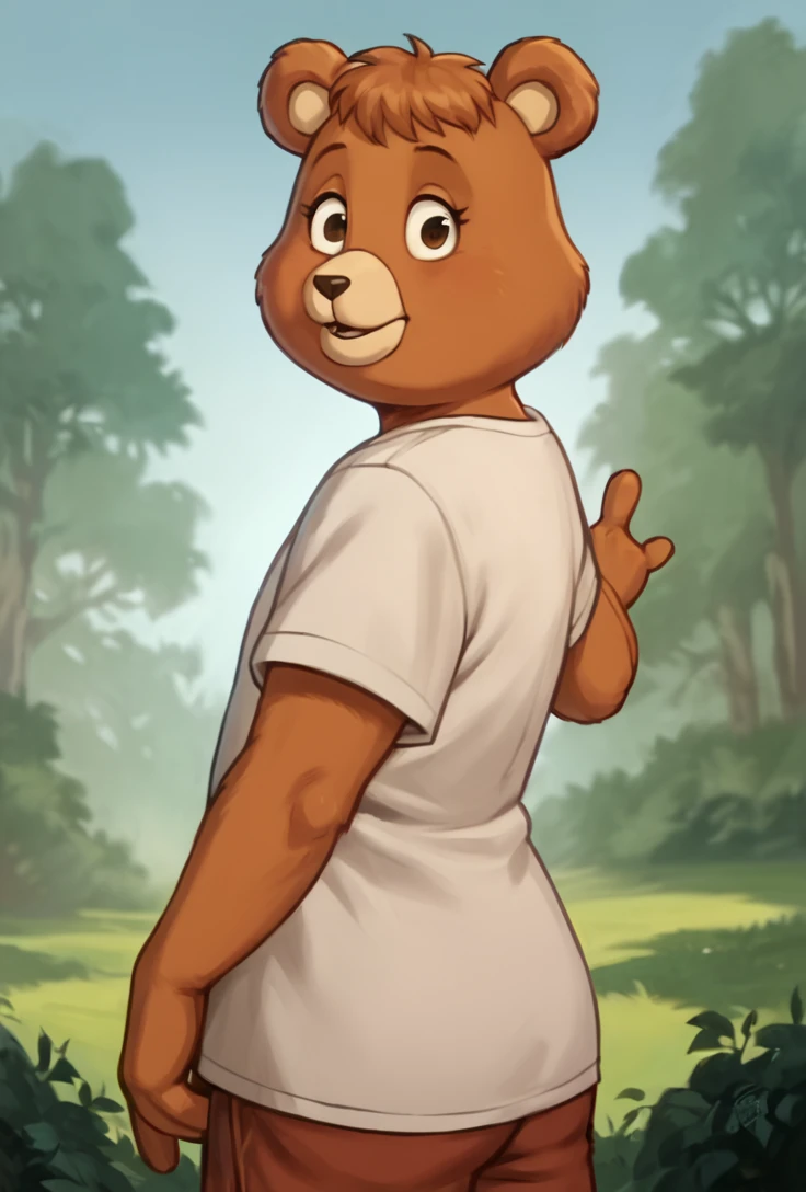 score_9, score_8_up, score_7_up, score_6_up, source_realistic, highly detailed, detailed eyes, Teddy Ruxpin, cartoon bear standing in a forest, looking back at viewer, gesture, <lora:TeddyRuxpin0.1:1>