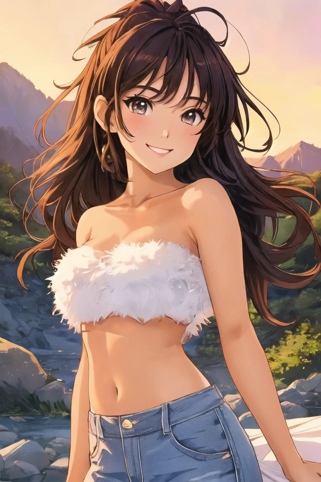 anime masterpiece, 1girl, age20, mountain hot spring, wearing fluffy crop top, strapless, ideal face, sexy smile, ideal body, (casual:1.3), irresistible, extremely detailed, highest quality, <lora:BT Fluffy Crop Top:0.8>