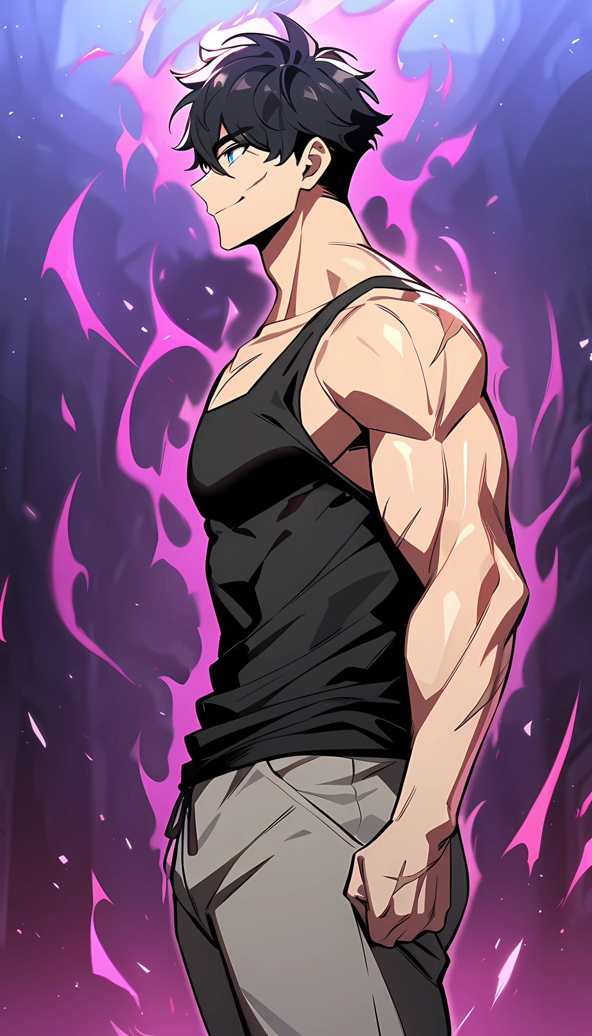 fantasy-style, solo, smile, short hair, blue eyes, black hair, 1boy, closed mouth, standing, male focus, pants, from side, black shirt, torn clothes, muscular, profile, scar, tank top, grey pants, aura, black tank top