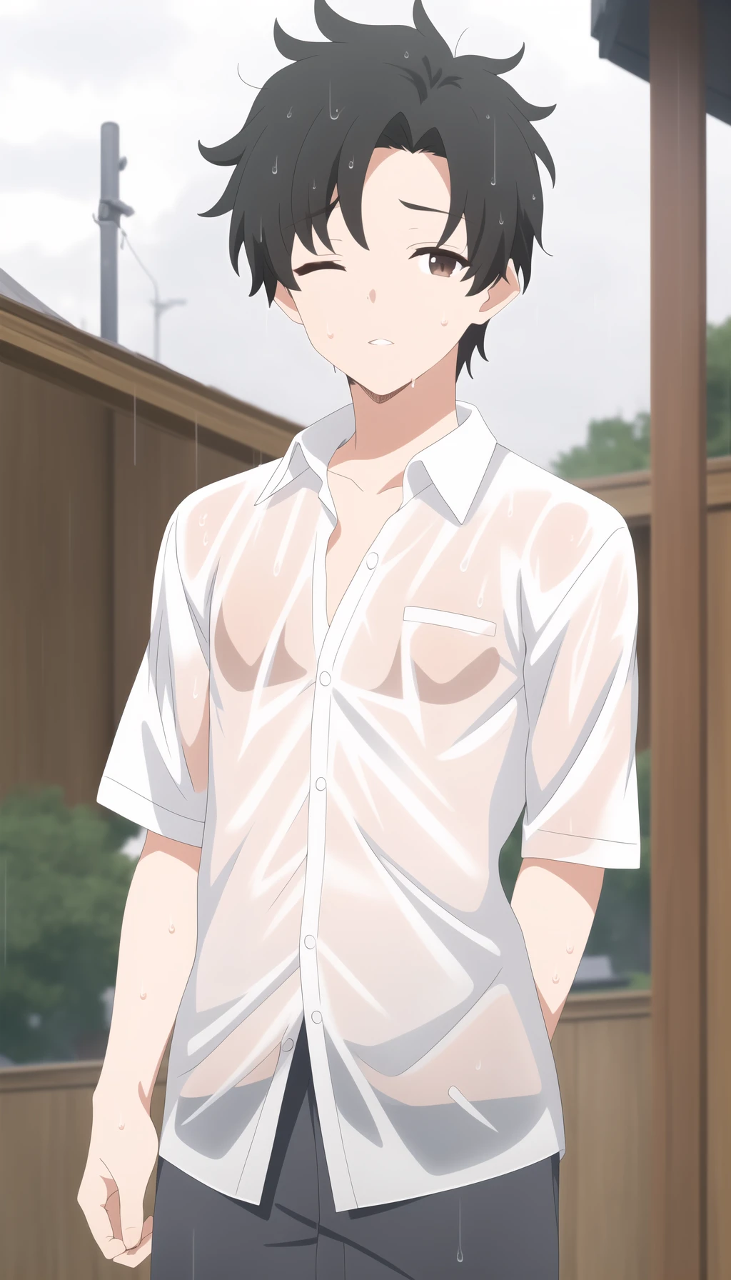 sensei,1boy,male focus,black hair,solo,brown eyes,beautiful detailed face,beautiful detailed eyes,rain,one eye closed,shirt,black shirt,outdoors,blurry background,looking at viewer,wet hair,standing,parted lips,open clothes,sky,<lora:sensei:0.7>,