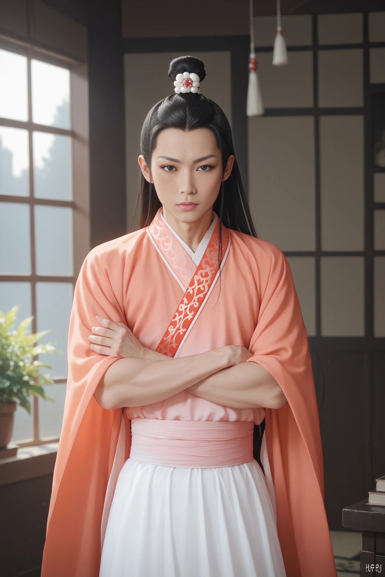 score_9, score_8_up, score_7_up, source_photo, looking at viewer, solo, 1boy, standing, hanfu, gradient dress, toned, crossed arms,  hair bun, pale skin, long hair, black hair, asian, black eyes, blush,  hair ornament, realistic, <lora:ahliponyv1-000001:0.85>