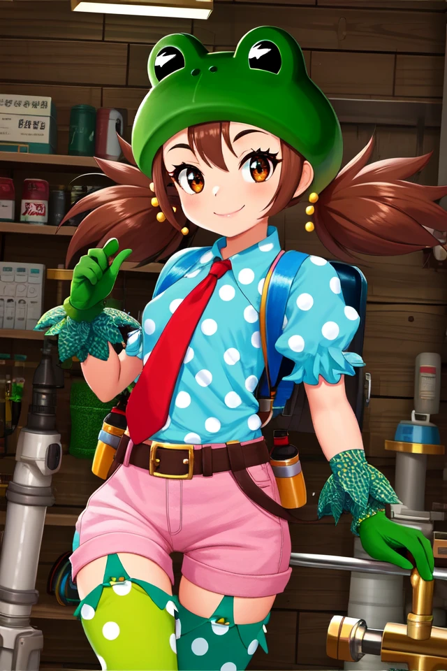 1 girl, indoors, mechanic shop, pipes, standing, smile, pov, looking at viewer,
 <lora:Thousand_Arms_-_Marion_Shoumock:0.65> tamarion, brown hair, frog hat, brown eyes
polka dot shirt, puffy sleeves, short sleeves, red necktie, green gloves, asymmetrical legwear, puffy shorts, mismatched legwear, jetpack,