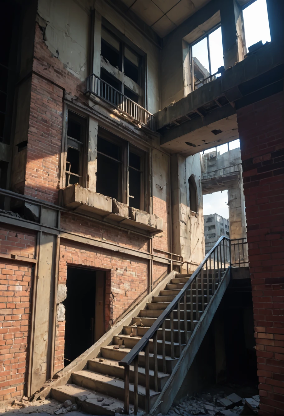 score_9,score_8_up,score_7_up,8k,hd,,ruanyi0678,brick wall,broken window,crack,overgrown,railing,rubble,ruins,stairs,no humans,<lora:0678 abandoned factory_v1_pony:1>