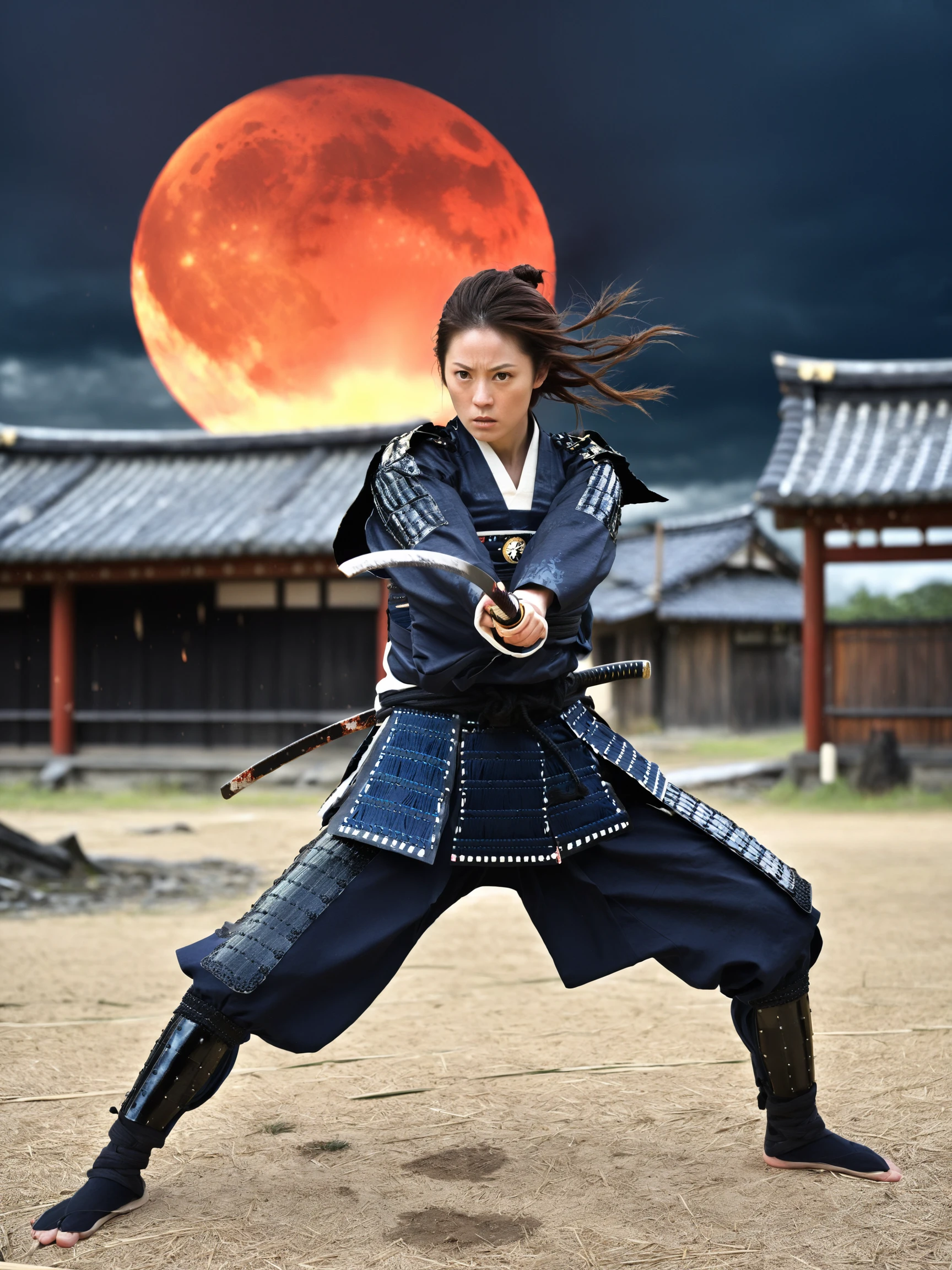 best quality, masterpieces,
1girl, clean face, stare eyes, no mask, samurai armor,
midnight, dark sky, bloody moon, background on fire, dark theme, standing in front of devastated houses, ruins background, 
heavy shadow, soft focus, soft lighting, subsurface scattering,
Action-packed digital illustration of a female samurai executing an iaijutsu pose, dramatic sky, impending storm, detailed, textured kimono and armor, dynamic composition, sharp focus, vibrant color scheme, epic feel,
<lora:hina_samurai_armor_sdxl_rank32:0.7>