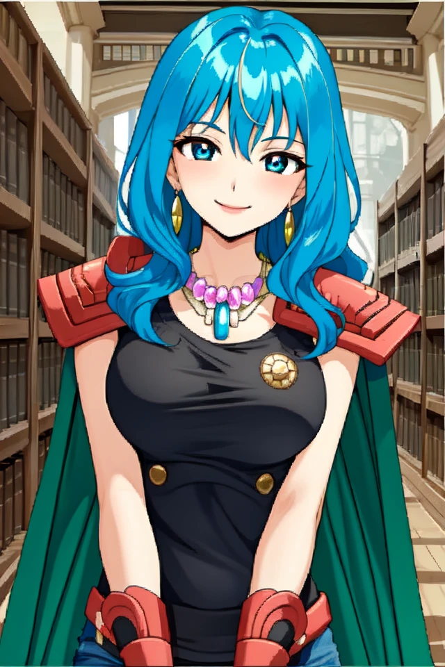 1 girl, indoors, library, standing, smile, pov, looking at viewer,
 <lora:Thousand_Arms_-_Metalia:0.6> tametalia, blue hair, long hair, wavy hair, necklace, earrings, blue eyes
shoulder guard, bare arms, black tank top, green cape, fingerless gloves,