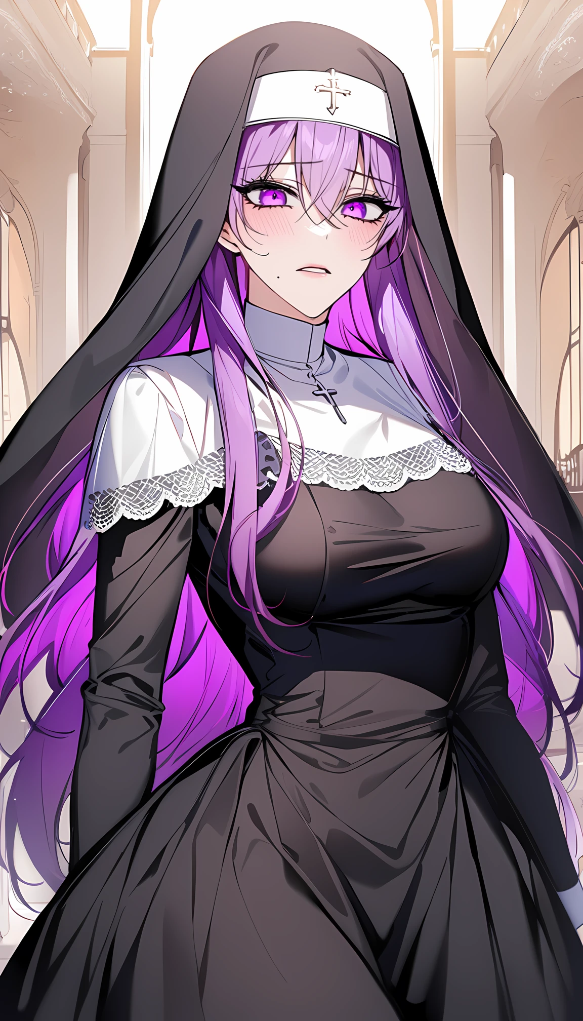 (shoujo-style:1.25), nun, 1girl, solo, long hair, looking at viewer, blush, medium breasts, long sleeves, dress, hair between eyes, standing, purple eyes, purple hair, parted lips, black dress, mole under mouth, habit, lace,