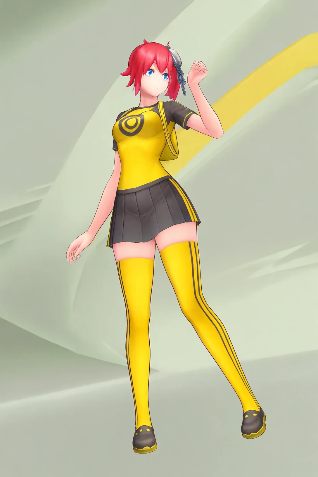 yellow shirt black skirt yellow thighhighs single glove, dsc-ami, hair ornament, 1girl, solo, narrow waist, masterpiece, absurdres, high quality,highres, best quality, (full body:1.20), recent <lora:dsc-ami-V01-000003:0.9>