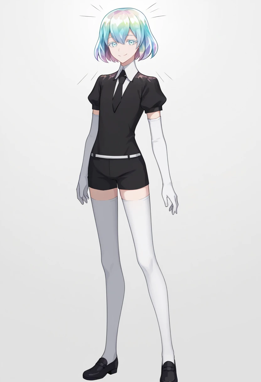 score_9, score_7_up, source_anime, simple background, white background, solo, 1girl, hskdmnd, smile, looking at viewer, standing, crystal hair, colored eyelashes, multicolored hair, short hair, black shirt, puffy short sleeves, collared shirt, black necktie, elbow gloves, white gloves, black shorts, white thighhighs, black footwear <lora:style_caststation_ponyXL-000030:1> <lora:Hoseki_HousekiNoKuni_Diamond_PDXL_v1:1>