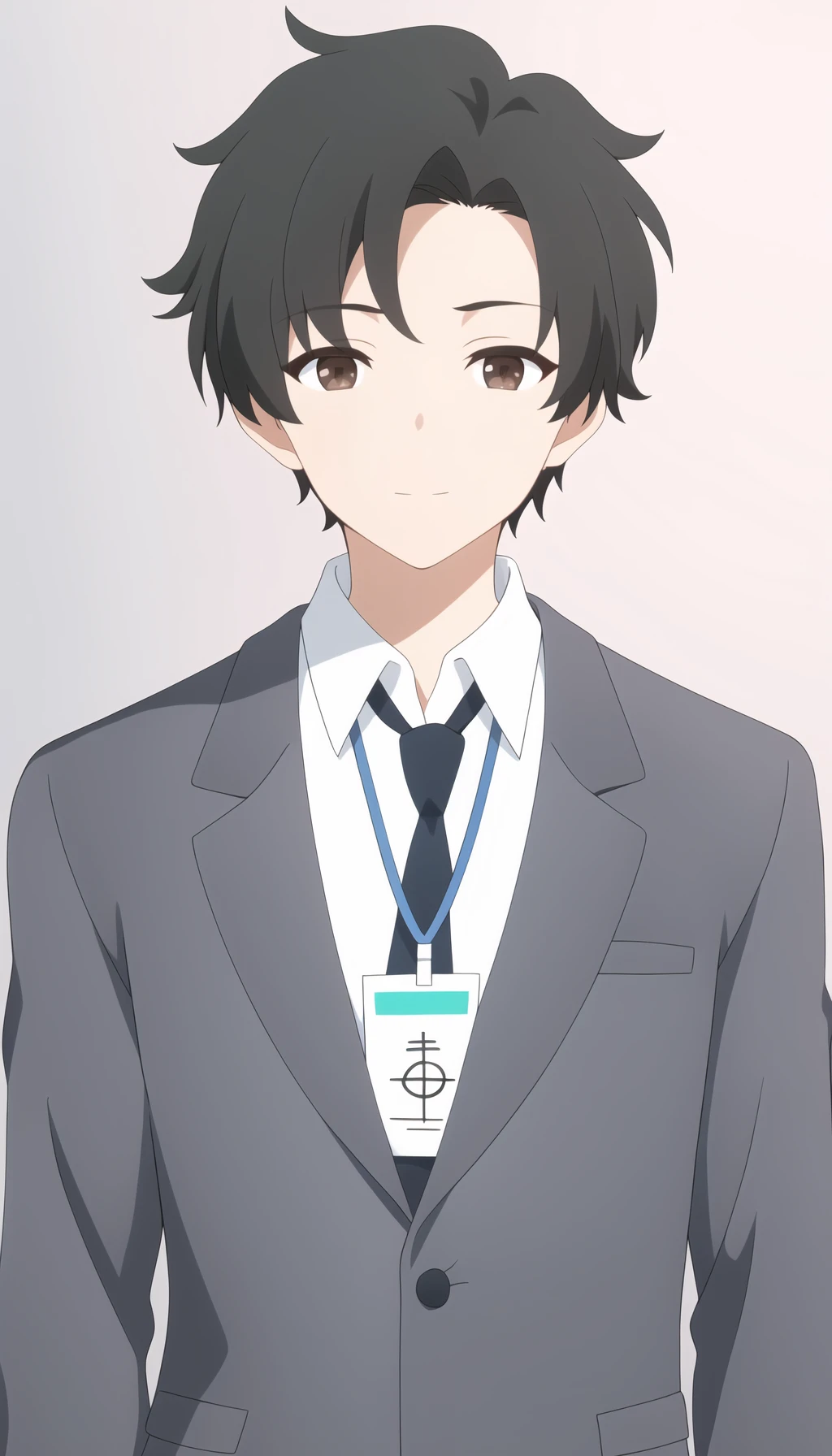 sensei,1boy,male focus,black hair,solo,necktie,looking at viewer,suit,shirt,upper body,brown eyes,lanyard,closed mouth,name tag,<lora:sensei:0.7>,