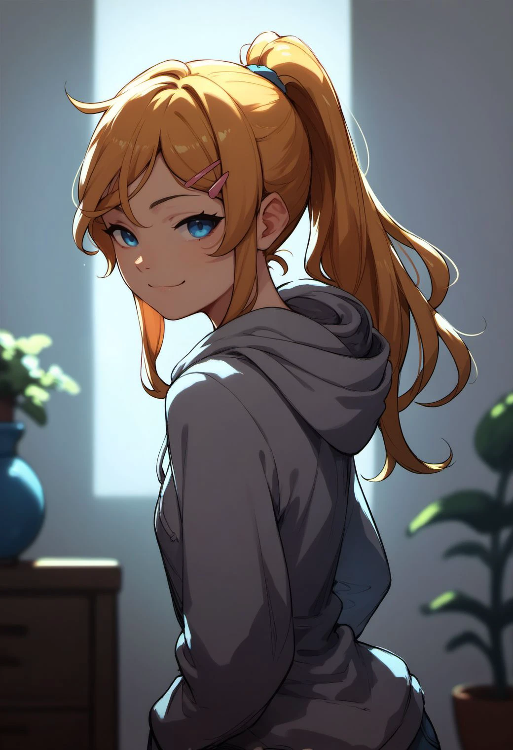 score_9, score_8_up, score_7_up, score_6_up,( sketch:0.6), flat color,
ha1ru, girl, solo, long hair, looking at viewer, smile, hair ornament, long sleeves, closed mouth, blue eyes, standing, ponytail, hairclip, indoors, hood, blond hair, hoodie, hood down, smug, grey hoodie, jeans,
<lora:hairu_style_v1_final:0.8>,
<lora:fix_hands:1.5>