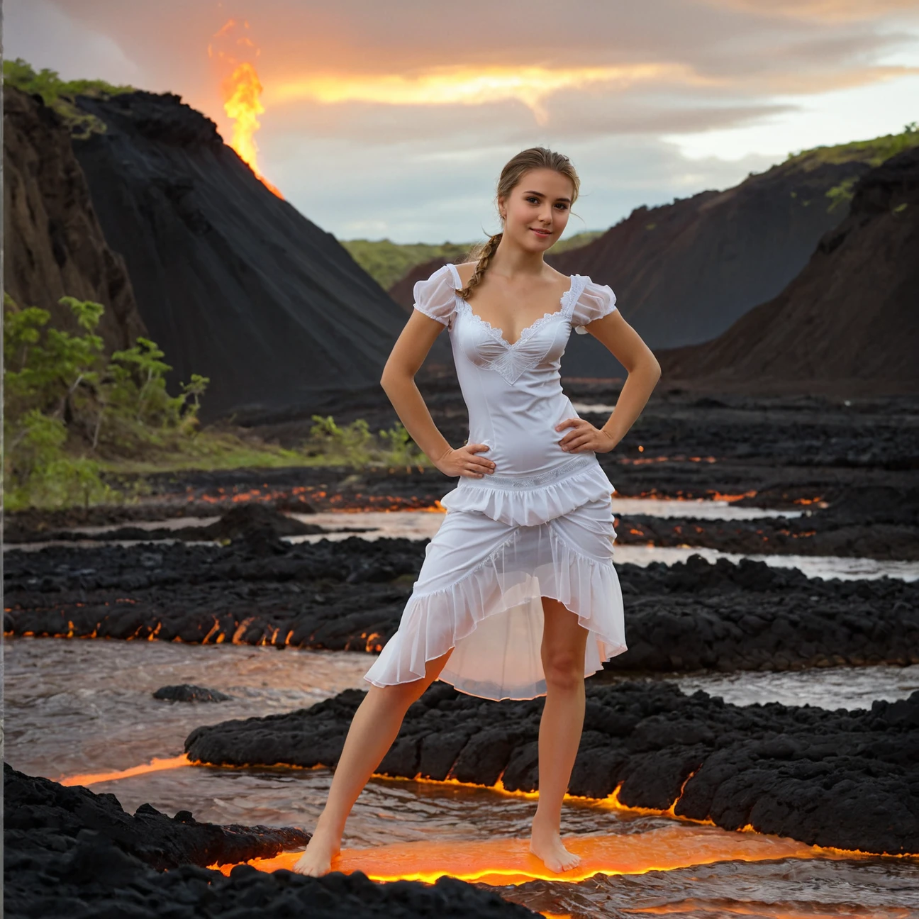 (Pure innocent adult victorian woman is dancing in lava with bare feet:1.1). This evocative portrait captures a sophisticated woman (showing an artistic dynamic pose in a middle of ethereal river of the lava:1.1). Her pure white surreal revealing gown contrasts with orange hues of lava and dark carbon ground, creating a dramatic dissonance between subject and environment. The slender woman's backward glance and barefoot stance convey a mixture of vulnerability and quiet determination. The dirt path winds into the distance, symbolizing an unknown future or a path less traveled. Muted color palette and the model's casual attire emphasize the intimate atmosphere of scenery.
BREAK Captivating photograph juxtaposes the primal energy of molten lava and ethereal dramatic sky. The serpentine rivers of magma carve their way through the rugged voxelized landscape with mesmerizing contrast of warmth and coolness. The lava's incandescent oranges and yellows seem alive, pulsating against the stolid grays of the surrounding rock.
BREAK Above, the sky unfolds in a breathtaking mix of light and shadow, with luminous clouds catching the blue hues of a hidden morning sun. deep shallow dof, low-angle composition, high dynamic range, natural lighting, golden hour illumination, cloud-diffused sunlight, strong tonal contrast, vivid color saturation in foreground, muted tones in background, rule of thirds applied to horizon placement, leading lines formed by lava flow, lens flares and light leaks, balanced exposure between bright lava and darker surroundings.
BREAK Photograph is featured with noticeable rim lighting effect and strong gloom. subject in sharp focus against blurred background, natural lighting, soft shadows, muted green color grading, low contrast, slight vignetting, minimal chromatic aberration, diffused highlights in foliage, strong swirly bokeh, slight motion blur in subject's hair suggesting movement.
<lora:Meostigmat_f1.7_100mm-000019:0.43>
