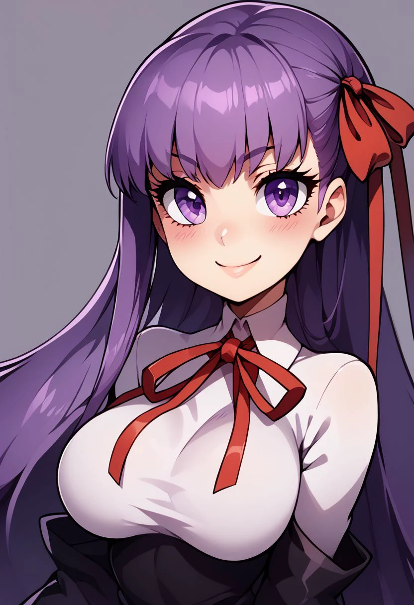 score_9, score_8_up, score_8, medium breasts, (curvy), cute, eyelashes,       
zzBB, long hair, purple hair, purple eyes, bangs, ribbon, breasts, hair ribbon, smile, large breasts, very long hair, red ribbon, blush, neck ribbon,
smile, 
, zPDXL,