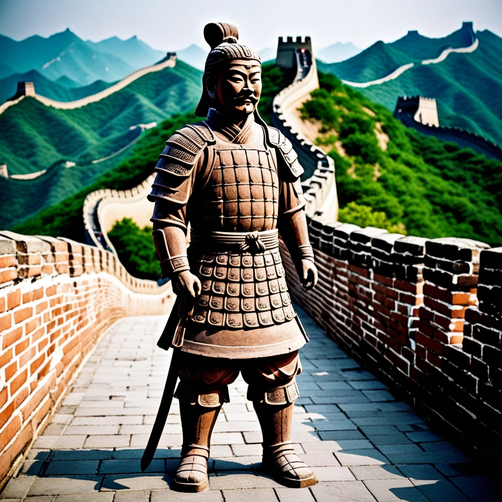 A terracotta chinese warrior statue on guard over the great wall