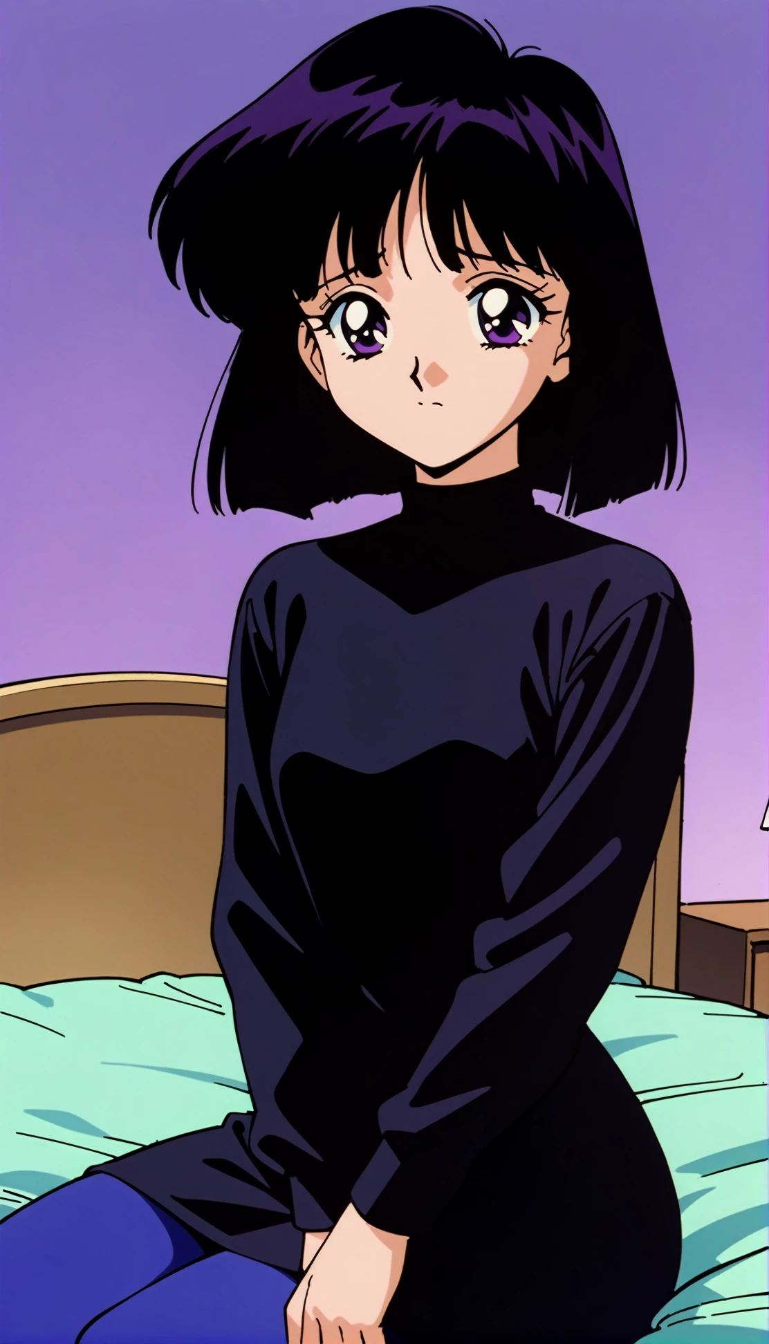 masterpiece,best quality,very aesthetic,absurdres,<lora:Sailor Saturn XL:0.8>,Sailor Saturn XL,1990s \(style\),1girl,solo,short hair,black hair,purple eyes,turtleneck sweater,long sleeves,black shirt,black miniskirt,blue pantyhose,sitting,bedroom,bed,sad,cowboy shot,