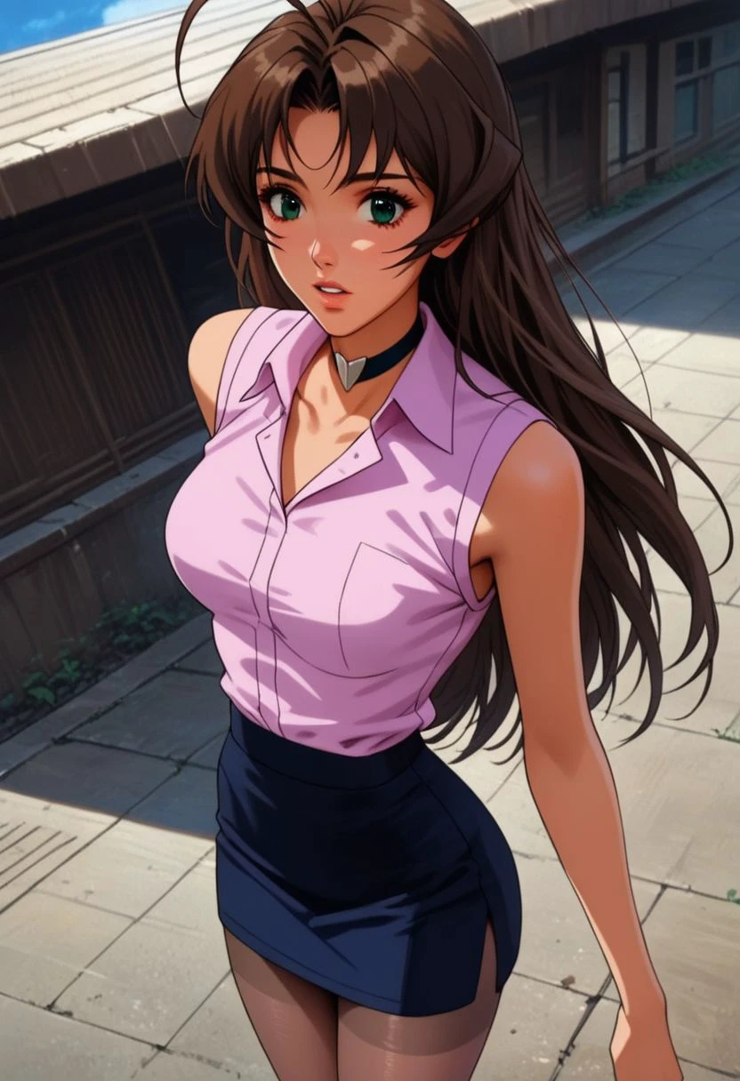 score_9, score_8_up, score_7_up, Expressiveh, 
1girl, Hibiki Amawa \(Oh My Me Strawberry\),(ultra HD quality details), brown hair, long hair, ahoge, 2 ahoges, beautiful face, green eyes, detailed eyes,
one sexy girl, female focus, lustrous skin, parted lips, slender, large breasts, 
sleeveless shirt, pink shirt, collared shirt, skirt, pencil skirt, Navy Blue skirt, choker, pantyhose,
HD32k, expressiveh, arched back, sexy pose, perfect body, wide hips, narrow waist, supermodel pose, chest thrust out, outdoors, sun high in the sky, well lit, standing, 3/4 angle view, three quarter view, view from below, (head titled up:1.4), arched back, contrapposto pose, (3/4 view:1.5),