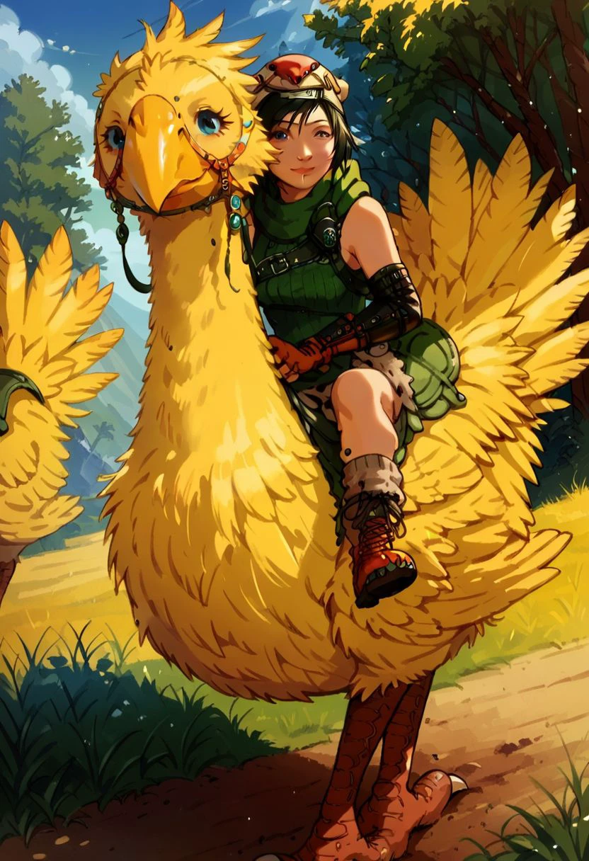 Bpb1,1girl,2d,Score_9, score_8_up, score_7_up, score_6_up,yuffie  ,(riding a yellow chocobo) ,(closeup), outdoors, facing viewer, bird, saddle, moogle outfit, hood,