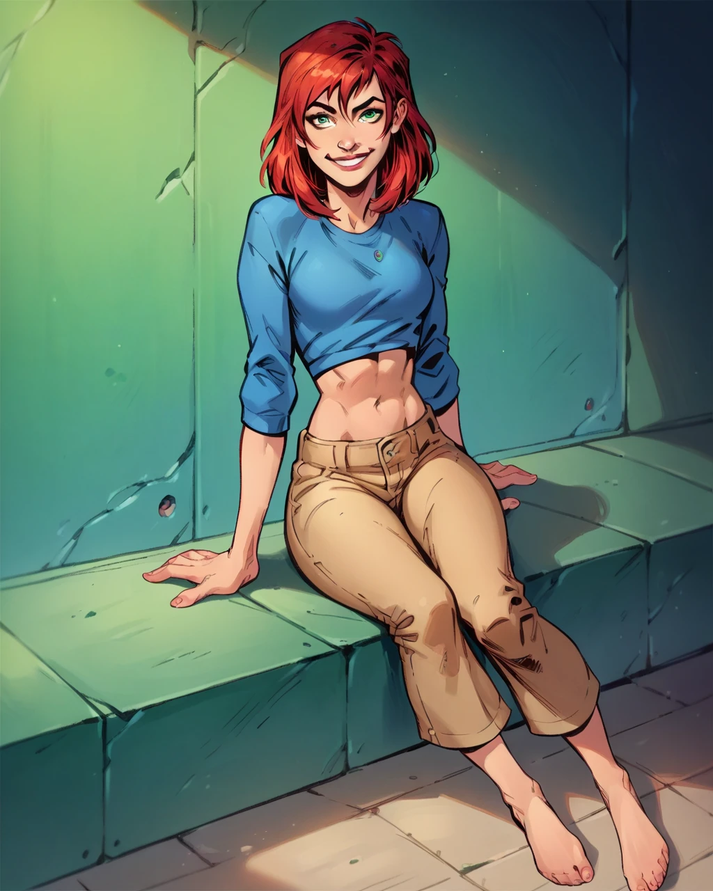 score_9, score_8_up, score_7_up, score_6_up, 2d, 1girl, MJW, solo,medium hair,green eyes,red hair, vibrant, highly detailed, navel,sitting,barefoot,midriff,pants, petite, dark, seductive smile,shiny skin,basementat night