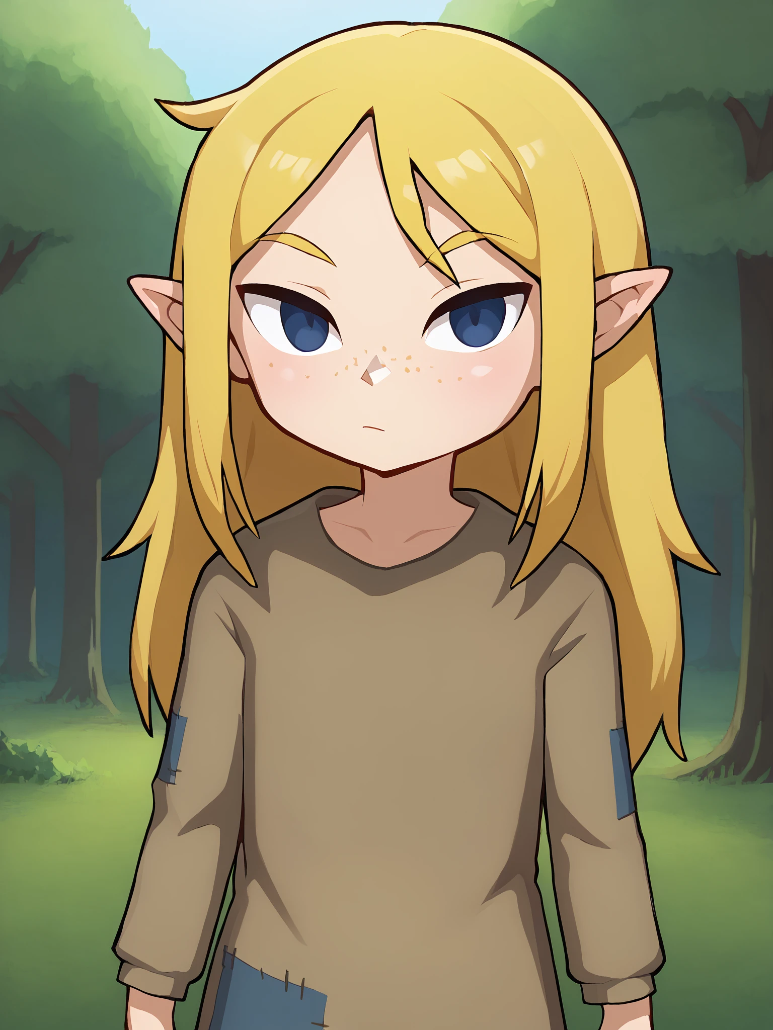 score_9, score_8_up, portrait, sharp focus, soft lighting ,outdoors, trees, milaxl, 1girl, solo, long hair, blonde hair, freckles, pointy ears, blue eyes, looking at viewer, long sleeves, patchwork clothes, dress, <lora:milaxl:0.75> <lora:wagashi-lyco-pony:1>