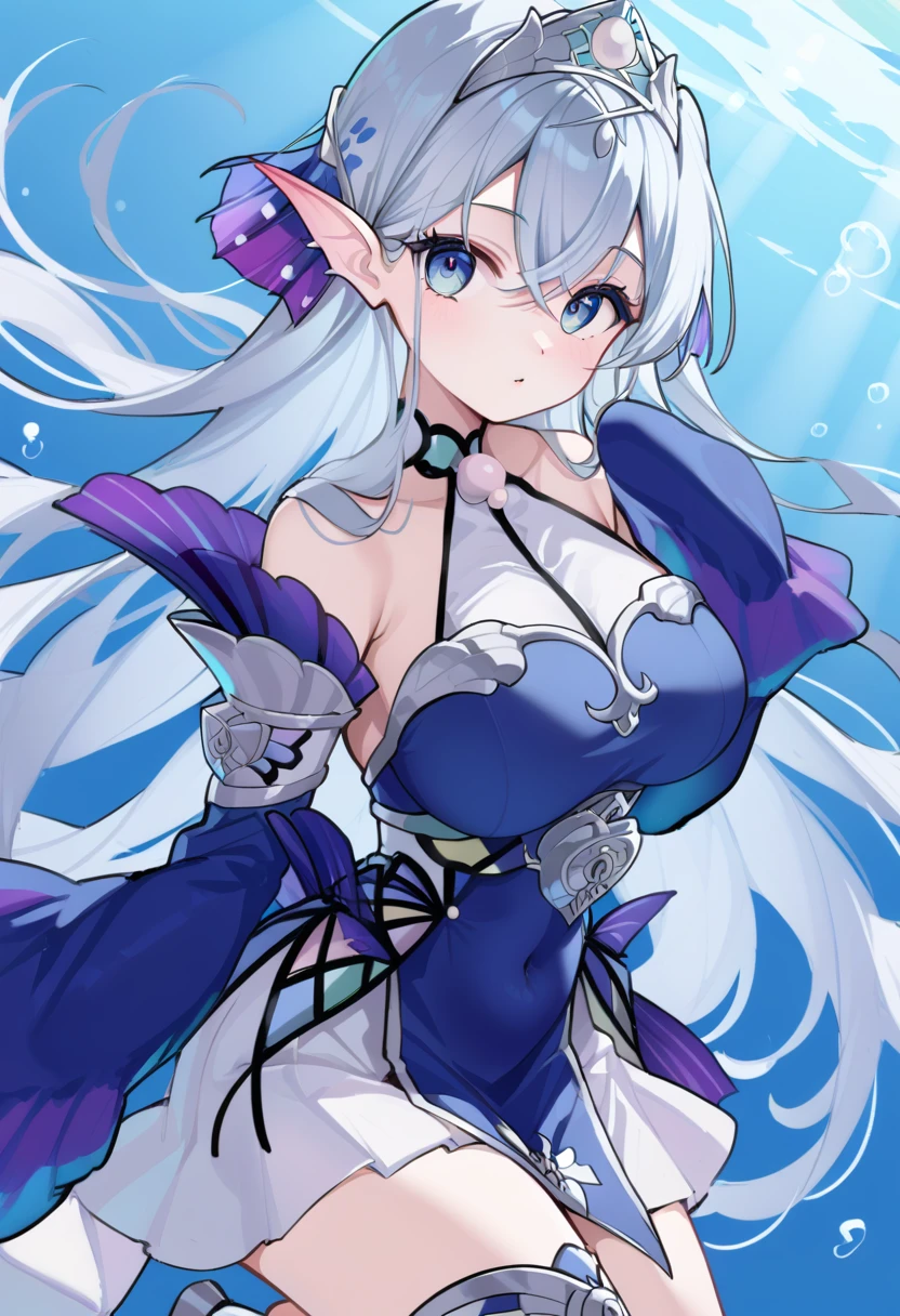 (score_9:0.9),score_8_up,score_7_up,anime style,rating_safe,(zPDXL),<lora:tearlaments kitkallos ponyXL v3:0.73>,tearlaments kitkallos,blue dress,silver tiara,blue detached sleeves,1girl,solo,underwater,large breasts,looking at viewer,bubble,underwater,