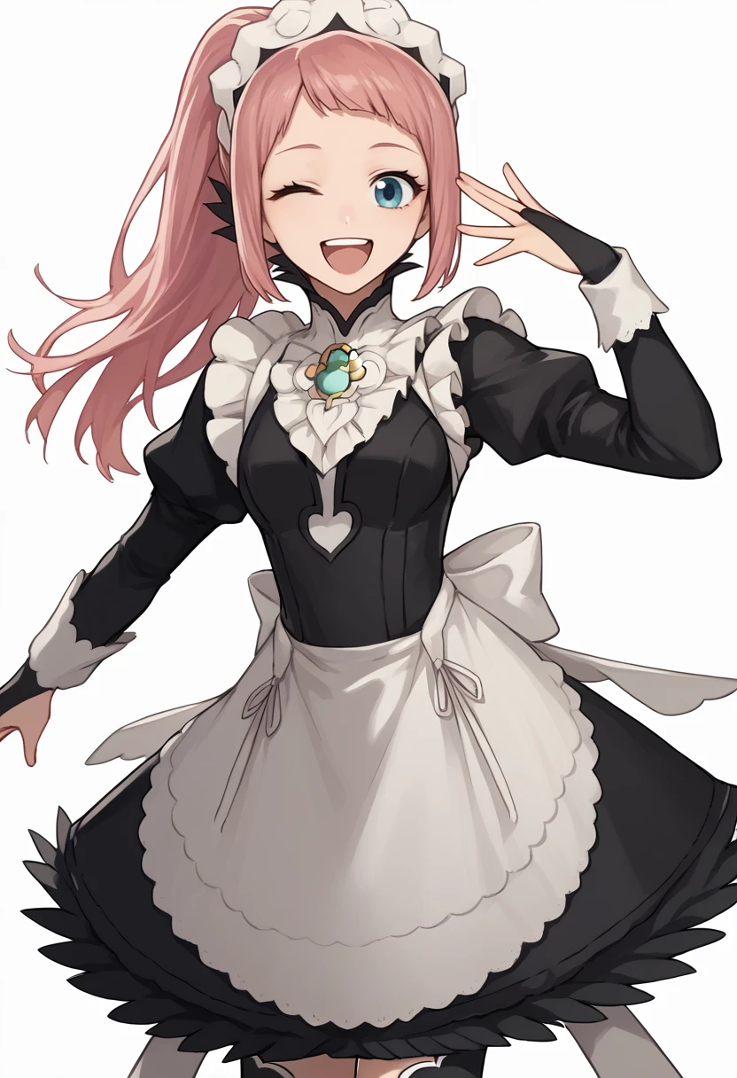 score_9, score_7_up, source_anime, simple background, white background, solo, 1girl, feliciadef, happy, upper teeth, looking at viewer, standing, pink hair, ponytail, blue eyes, one eye closed, maid headdress, brooch, maid apron, black thighhighs, bridal gauntlets <lora:style_caststation_ponyXL-000030:1> <lora:felicia-fe-richy-v1_xl:0.9>