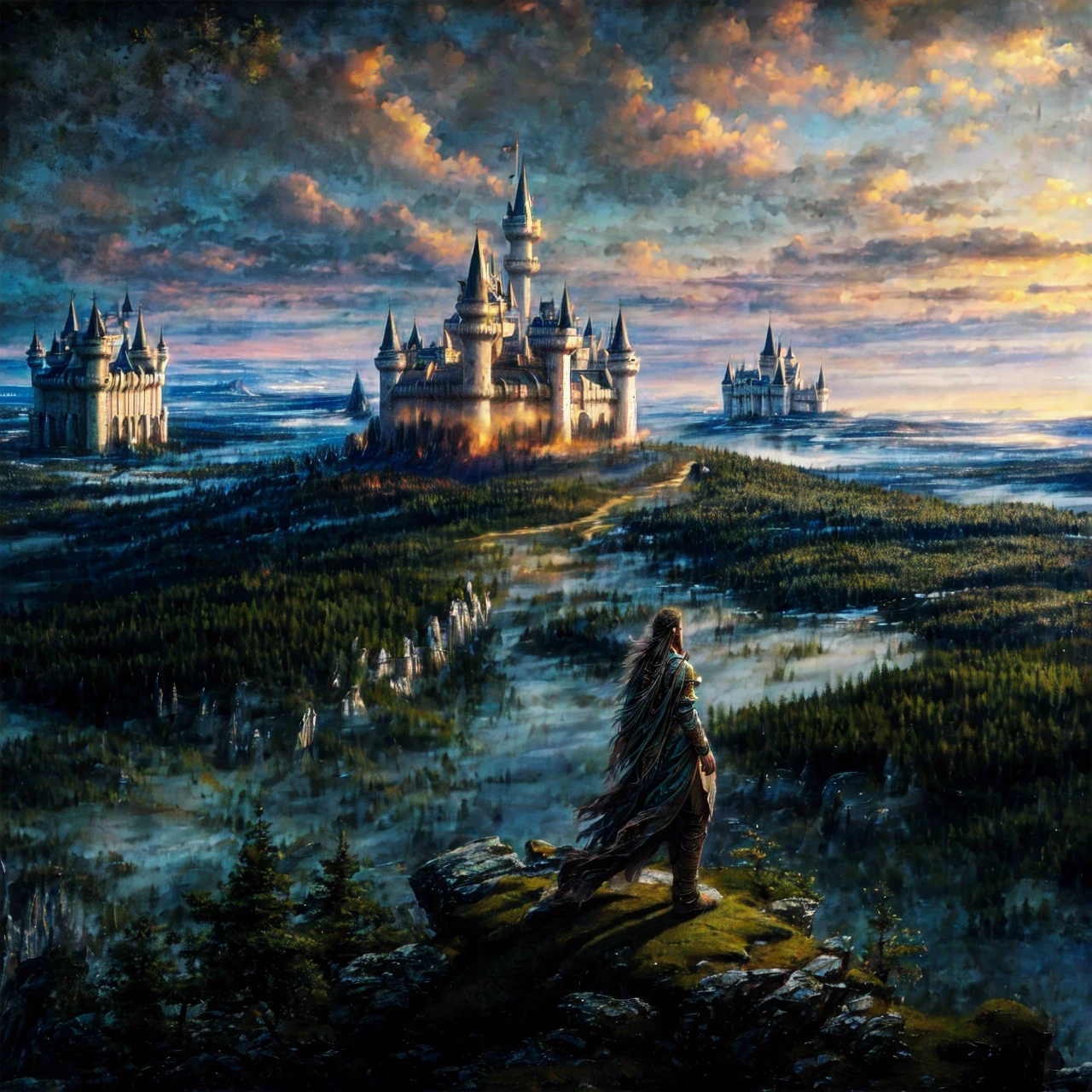 Hyperrealistic art ethereal fantasy concept art of (a lone wanderer from a faraway land sees a majestic white-walled castle far off in the distance: 1.1), (that is high up on a mountain and surrounded by a boreal forest: 1.1), (at night: 1.1), <lora:add_detail:0.6>, very detailed, <lora:more_details:0.6>, high quality, highres, masterpiece, best quality, 8k, intricate, detailed . magnificent, celestial, ethereal, painterly, epic, majestic, magical, fantasy art, cover art, dreamy . Extremely high-resolution details, photographic, realism pushed to extreme, fine texture, incredibly lifelike