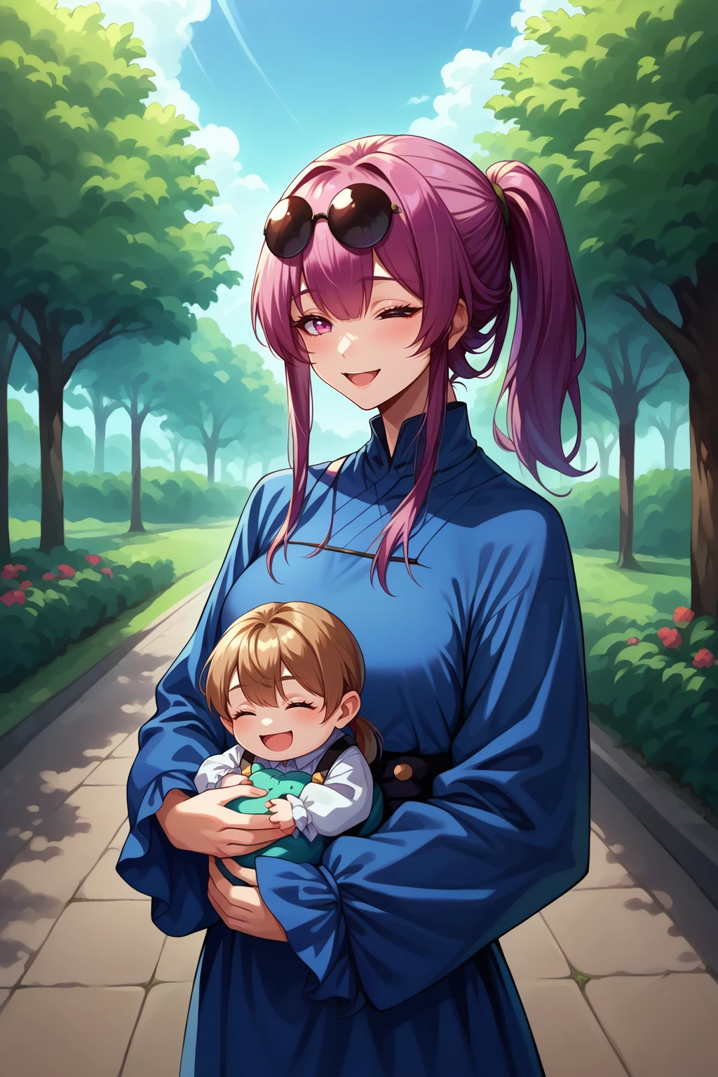 score_9, score_8_up, score_7 BREAK solo, 1girl <lora:NSKafkaHSR:1> NSKafkaMisc, long hair, bangs, sidelocks, ponytail, eyewear on head, sunglasses, dark blue dress, park, outdoors, happy, holding a baby