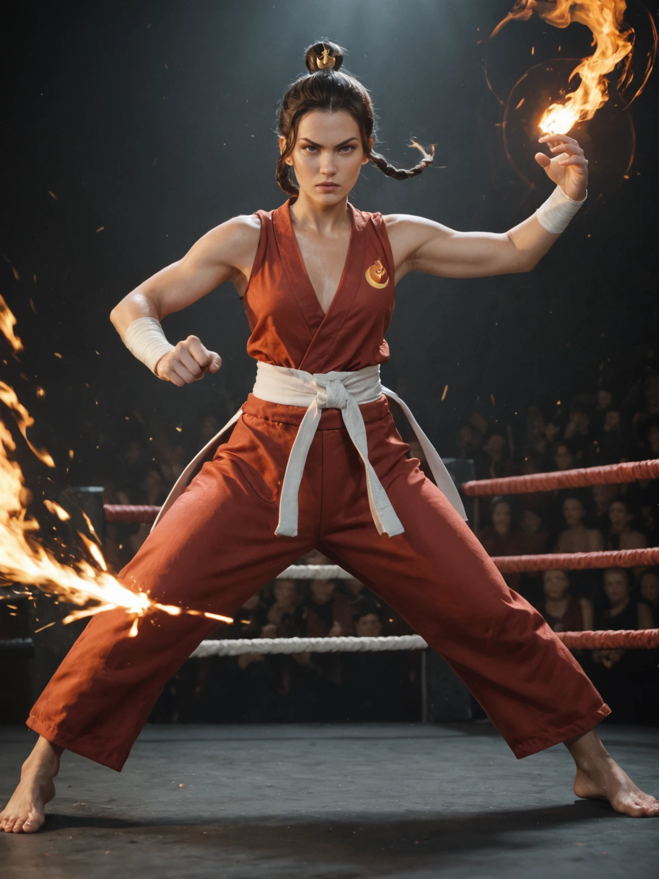 1girl, Fire bender, sexy outfit, flames, sparks, dynamic, powerful, elemental, magic, intense, gaze, martial arts stance, energetic, mystical, sparks, swirling, orange, red, fierce, background, realistic, score_9, score_8_up, score_7_up, score_6_up