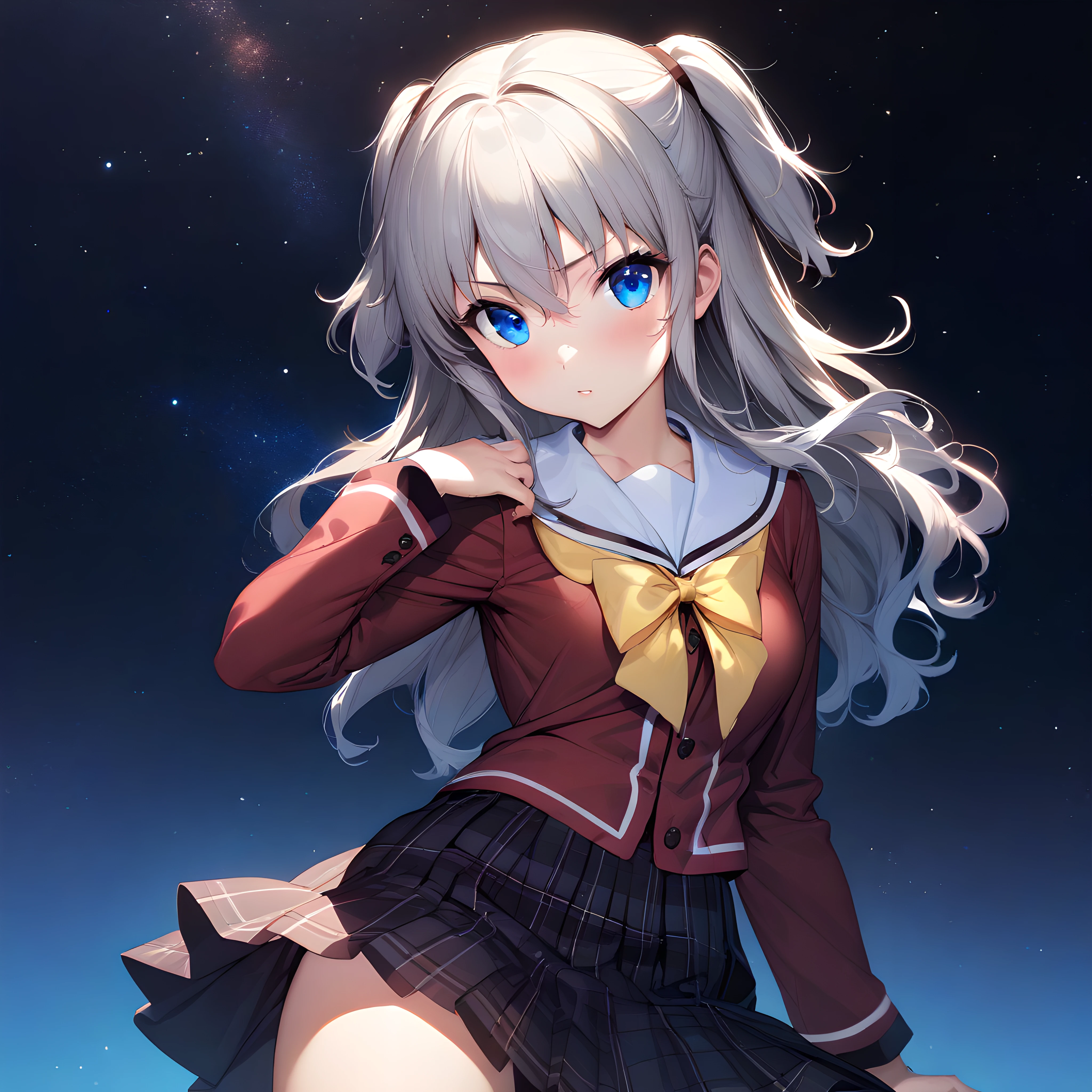 (masterpiece),(best quality),(ultra-detailed),(best illustration),(best shadow),(absurdres),(detailed background),(very aesthetic), nao_tomori, 1girl, solo, long hair, school uniform, blue eyes, skirt, sky, two side up, looking at viewer, starry sky, star (sky),  <lora:XL-NaoTomori:1>