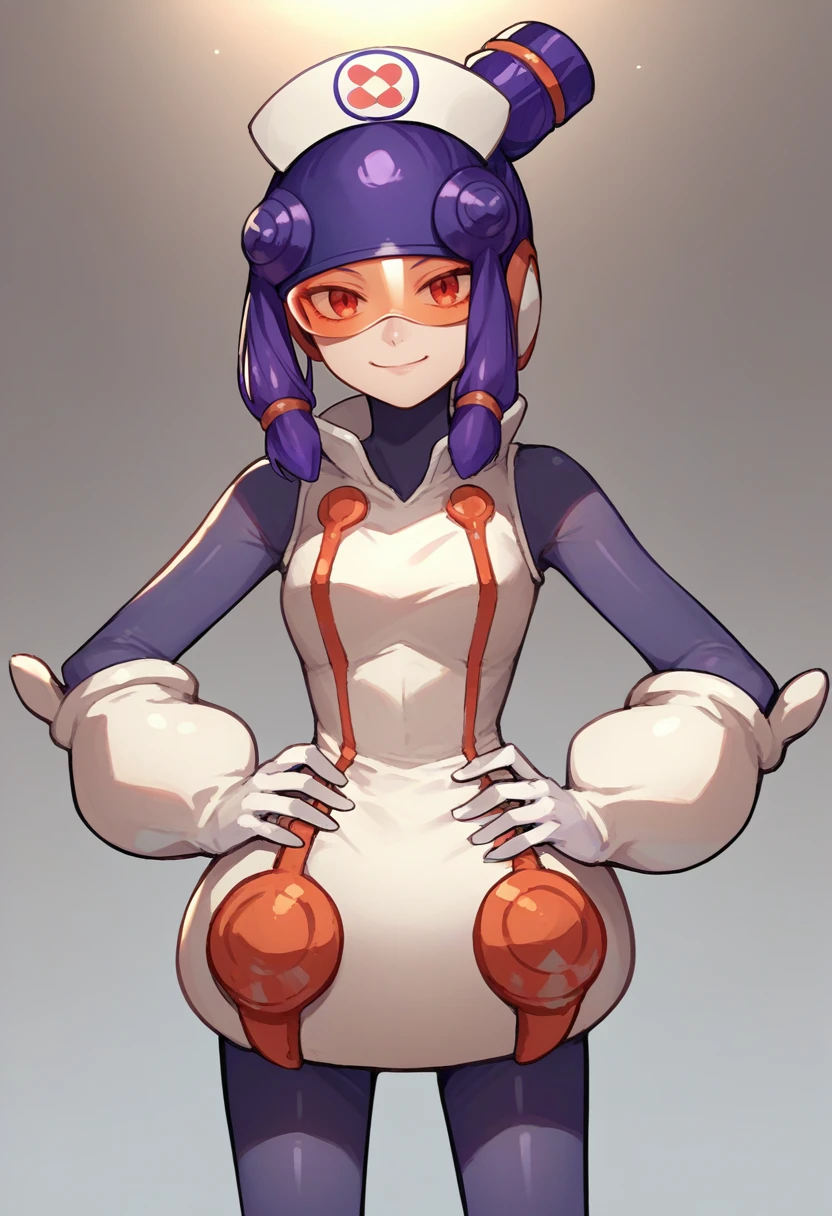 score_9, score_8_up, score_7_up, source_anime, solo, 1girl, meddyexe, smile, closed mouth, looking at viewer, standing, hands on own hips, purple hair, helmet, nurse cap, red eyes, tinted eyewear, white dress, purple bodysuit, white gloves <lora:megamanbattlenet_meddy_ponyXL-000007:1>