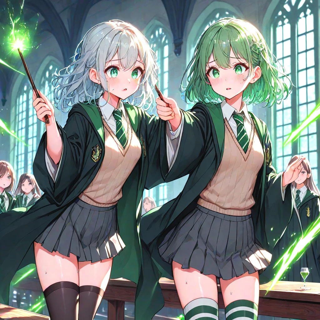 score_9, score_8_up, 2girls, slytherin, avada kedavra, green light, holding wand, wide sleeves, striped necktie, sweater, skirt, thighhighs, robe, wind, table, window, hogwarts school uniform, cute, medium tits, sweat, shy, blush, parted lips, <lora:girllikeslytherin_pony05:0.8>