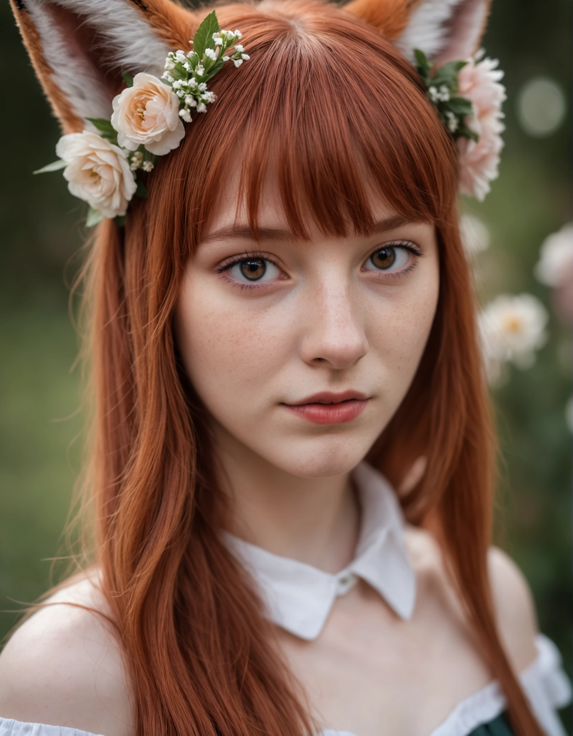 photo, face portrait, european woman, 18 years old, close-up, 4mm - 14mm focal length, absurdres, red hair, front bangs, flowers, fox ears