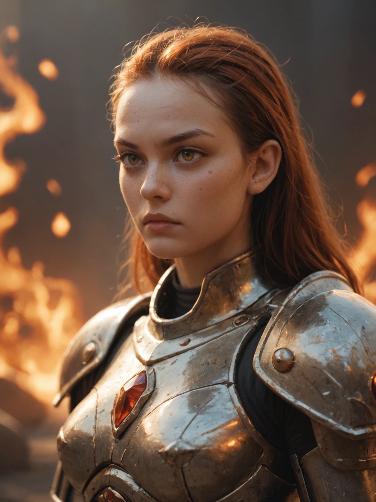 Alien, female, warrior, armored, metallic, fiery, red, hair, intense, eyes, orange, gem, forehead, freckles, dark, background, ethereal, mysterious, fierce, score_9, score_8_up, score_7_up, score_6_up