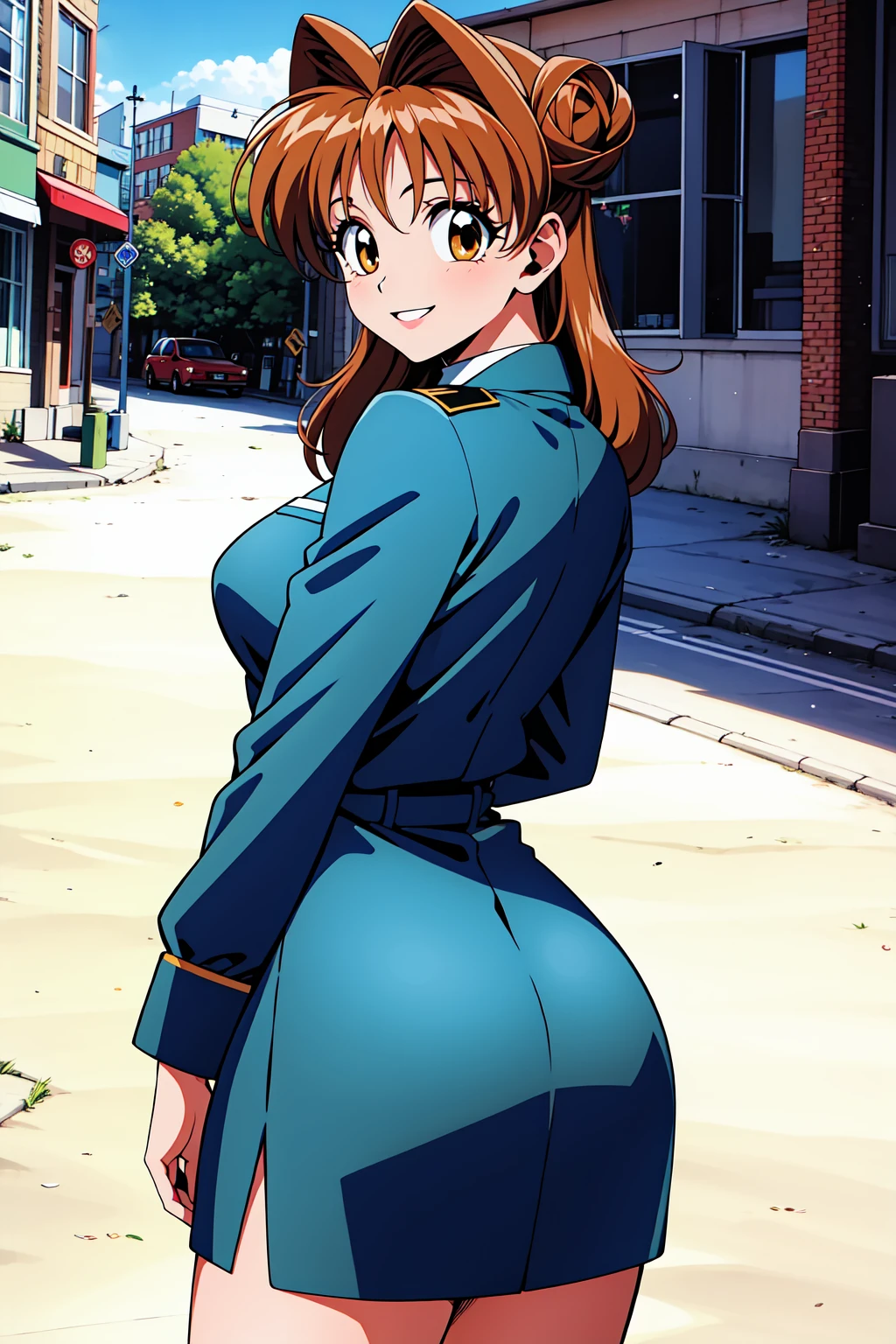 best quality, masterpiece, highrers, maronk, smile, hair down, doughnut hair buns, police uniform, street, outdoors, cowboy shot, looking back, 1990s \(style\), <lora:maronk-000007:.6>