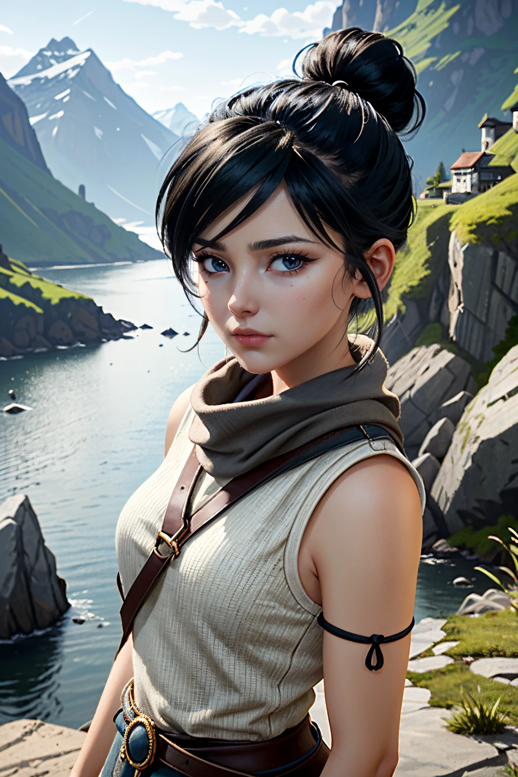 ((ultra detailed, masterpiece, absurdres))
 <lora:KBOSKena:0.8>
KBOSKena, 1girl, hair bun, black hair, looking at viewer, Viking village by the fjords, dramatic and rugged