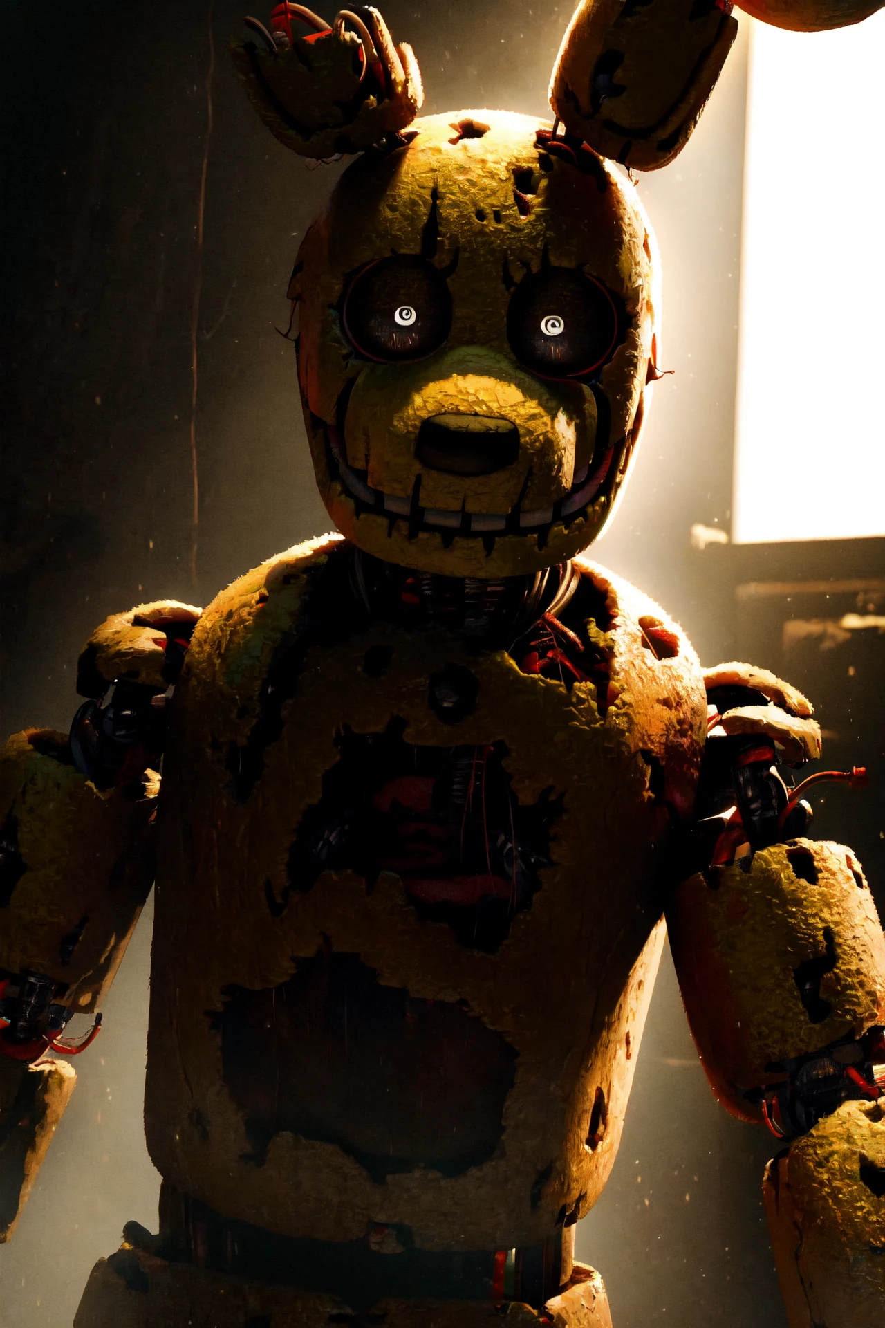 (springtrap, animatronic), (dynamic pose), (close-up), nude, male focus, light smile, looking at viewer, horror, ((correct eyes, white eyes, black sclera)), black background, (masterpiece, best quality:1.5), hi res, absurd res, 4k, hdr, detailed eyes, perfect anatomy, depth of field, UHD, high resolution, 32K, official art, masterful technique, chromatic aberration, [realistic proportions] <lora:SpringtrapAIbyRonnie_v1:0.82>