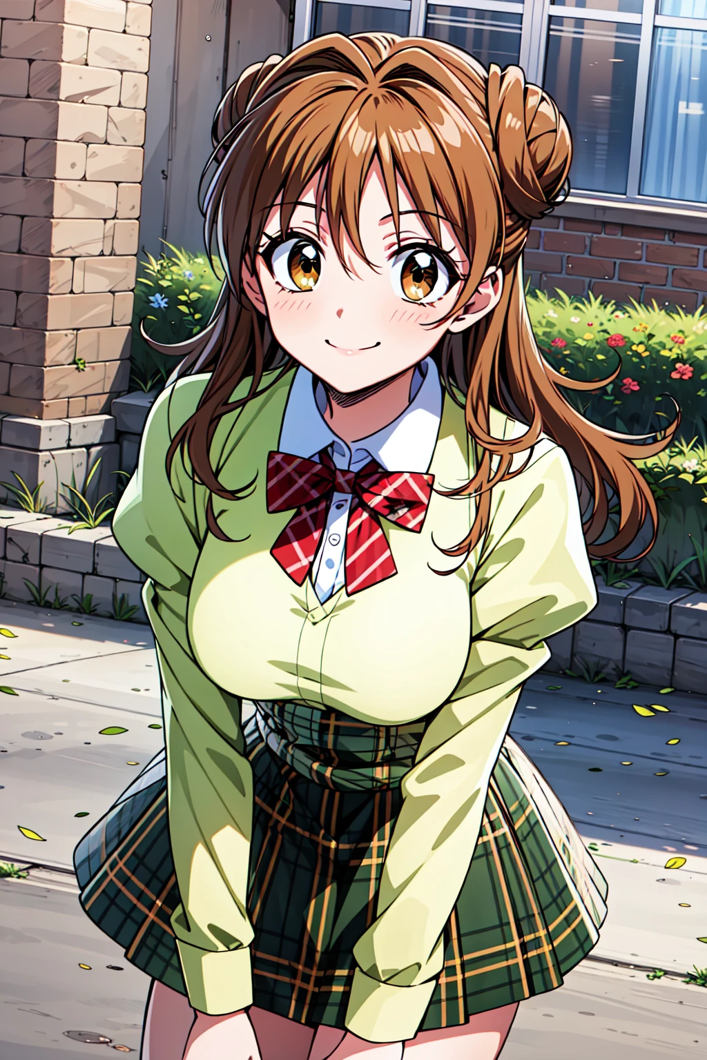 best quality, masterpiece, highrers,  maronk, smile, hair down, doughnut hair buns,
looking at viewer,juliet sleeves, red bowtie, yellow shirt, green plaid skirt, green collar,
outdoors, cowboy shot,  leaning forward, waving, 
<lora:maronk-000007:.7>