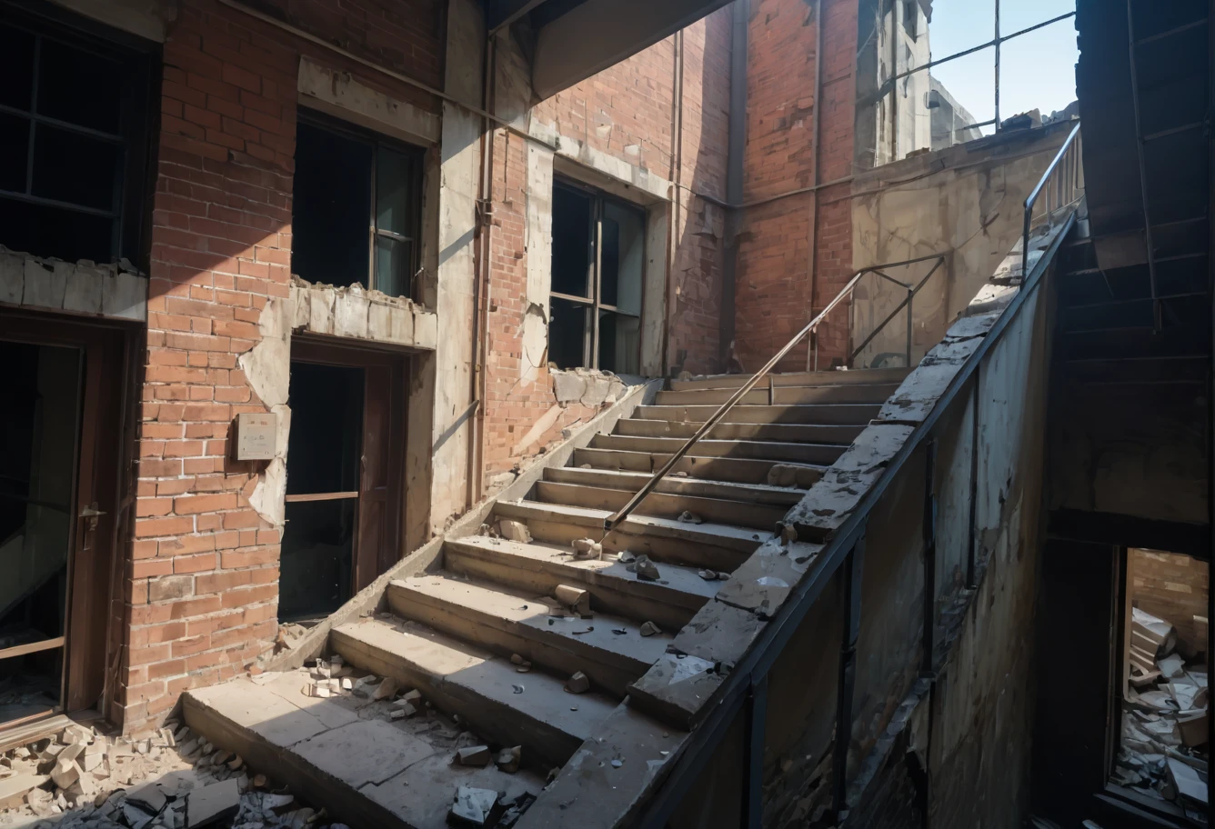 score_9,score_8_up,score_7_up,8k,hd,,ruanyi0678,brick wall,broken window,crack,overgrown,railing,rubble,ruins,stairs,no humans,<lora:0678 abandoned factory_v1_pony:1>