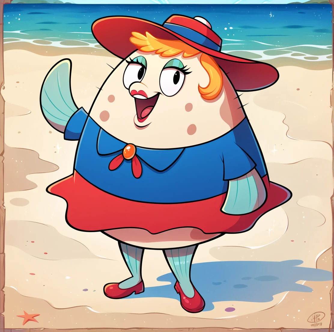 score_9, score_8_up, score_7_up, score_6_up, score_5_up, score_4_up, detailed background,
<lora:Ms._Puff_Spongebob_Squarepants_for_PonyXL:0.8>, 1girl, mspuff, fish girl, solo, black eyes, no humans, bowtie, makeup, blue shirt, red dress, hat, red shoes, beach, in water, wet, smile, open mouth,