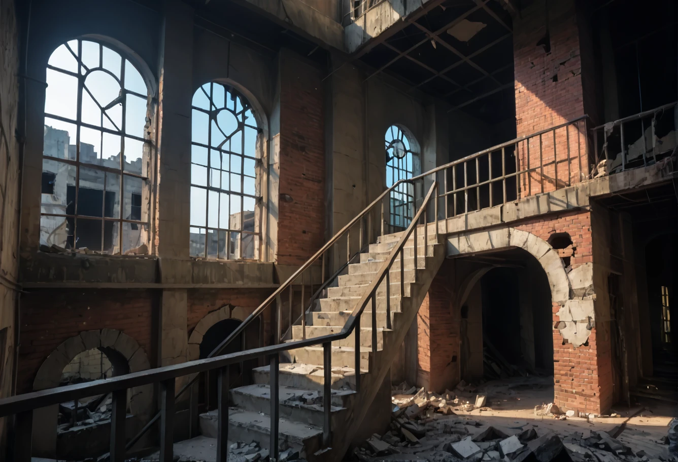 score_9,score_8_up,score_7_up,8k,hd,,ruanyi0678,brick wall,broken window,crack,overgrown,railing,rubble,ruins,stairs,no humans,<lora:0678 abandoned factory_v1_pony:1>