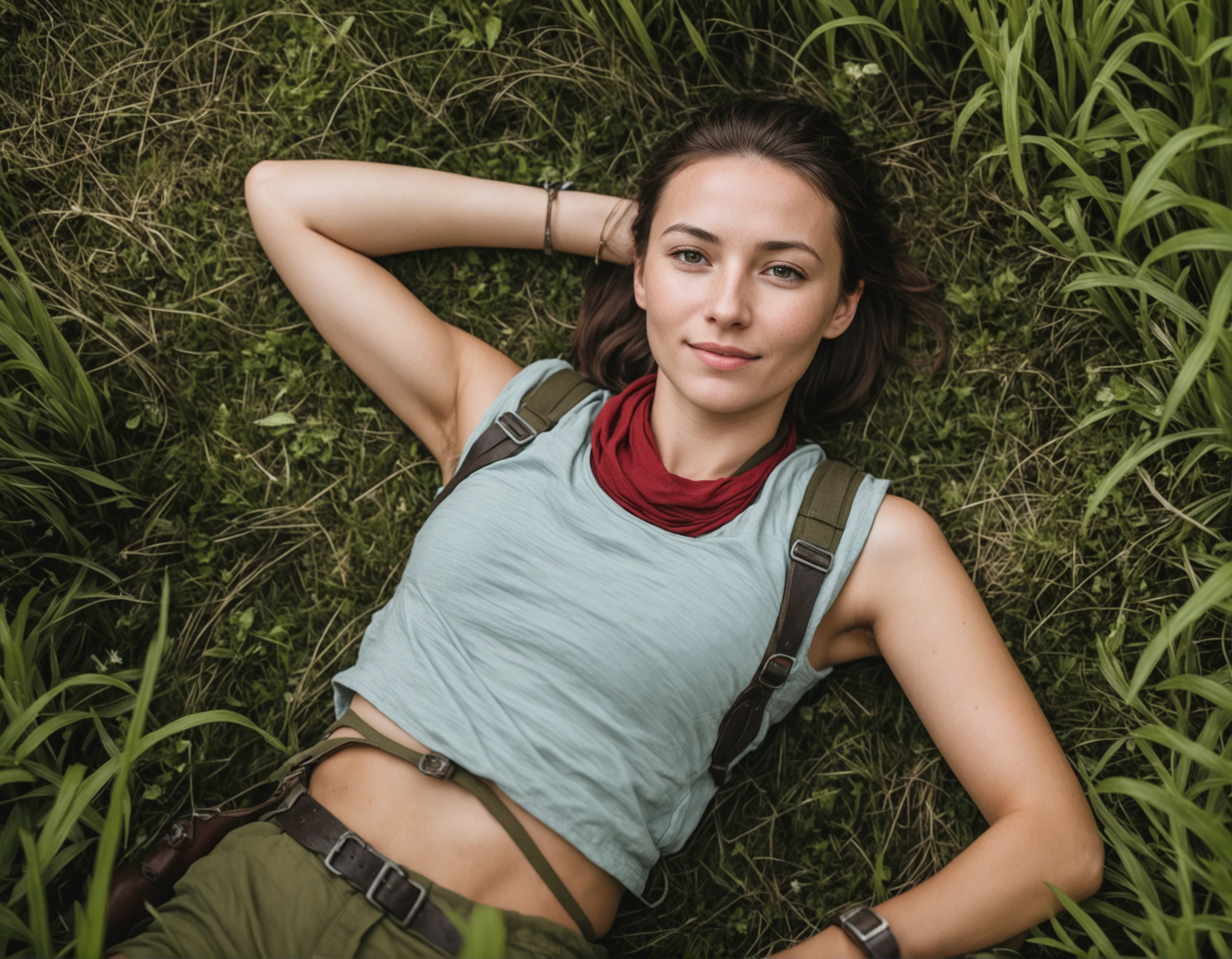 best quality, a woman adventurer, laying in grass
