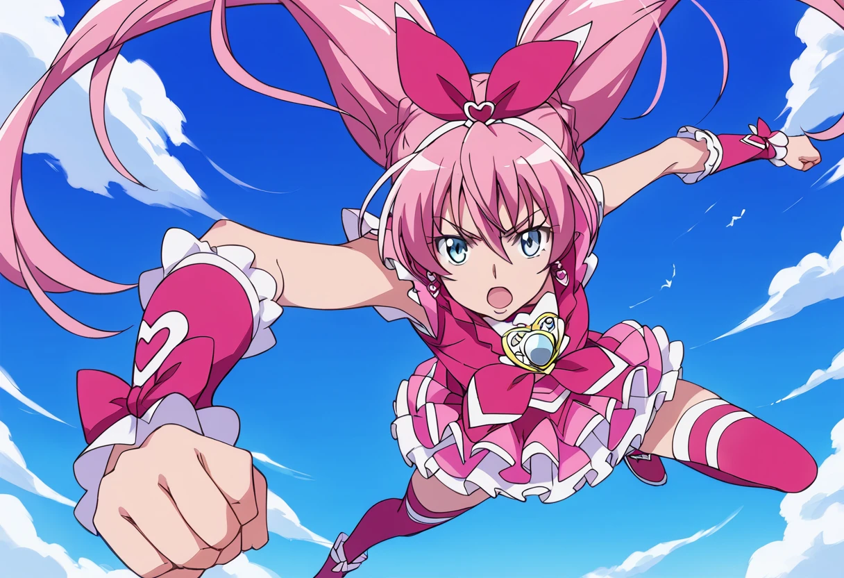score_9, score_8_up, score_7_up, source_anime BREAK
cure melody, 1girl, solo, pink hair, blue eyes, pink bow, jewelry, earrings, cloud, long hair, eyelashes, clenched hands, punching, open mouth, day, clenched hand, heart earrings, detached sleeves, pink skirt, wrist cuffs, foreshortening, hair bow, frills, arm warmers, hair ribbon, blue sky, braid, pink choker, serious, ponytail, :o, pink sleeves, twintails, incoming attack, hairband, incoming punch, flying, anime coloring, pink theme, short hair, brooch, looking at viewer, pink dress, fighting stance, shirt, blue background, hair between eyes, cloudy sky, knee boots, jumping, aqua eyes, perspective, thighhighs
<lora:cure_melody_houjou_hibiki_sdxl_locon_pony_v1:0.7>