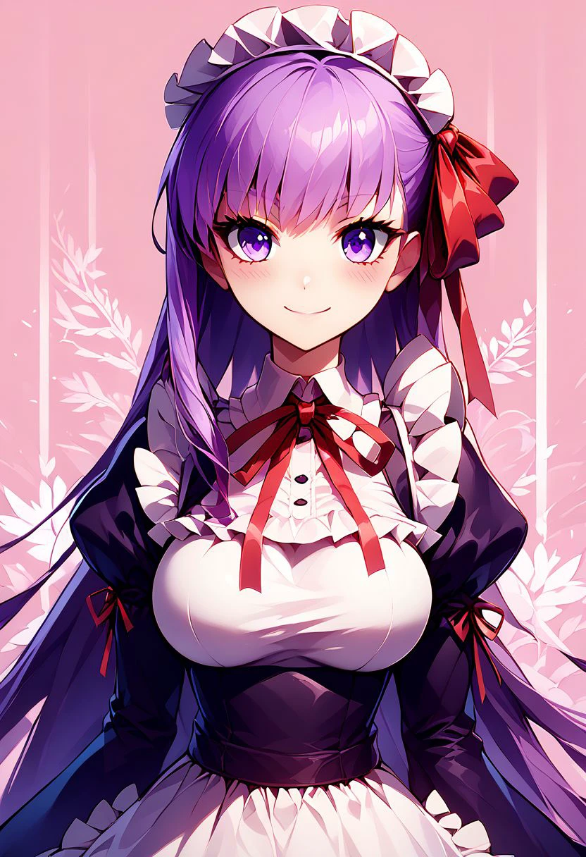 score_9, score_8_up, score_8, medium breasts, (curvy), cute, eyelashes,     
BREAK,
(long maid dress:1), 
zzBB, long hair, purple hair, purple eyes, bangs, ribbon, breasts, hair ribbon, smile, large breasts, very long hair, red ribbon, blush, neck ribbon
BREAK,
 closed mouth, alternate costume, smile, looking at viewer, blush, 
zzLFashion, frilled dress, frills, bow, dress, striped  sweetL, 
zPDXL,
abstract background,