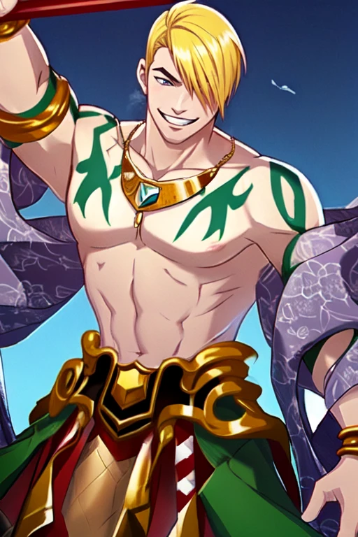 (masterpiece),(best_quality),muscular,bara,1boy,Gundari,body tattoo,gold necklace,purple shawl,bare pectorals,striped,harem pants,grin,<lora:Gundari:1>,