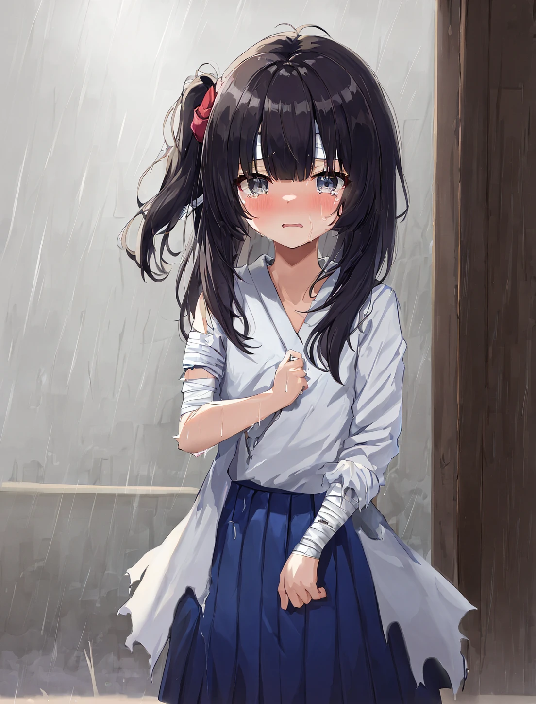 1girl,miyase_mahiro,hiten \(hitenkei\),azuuru,
grey eyes,mansui,solo,bandages,torn clothes,blue skirt,standing,bandage on forehead,rain,upper body,tears,crying,blood on clothes,
masterpiece,newest,absurdres,<lora:Mansui:1>,
