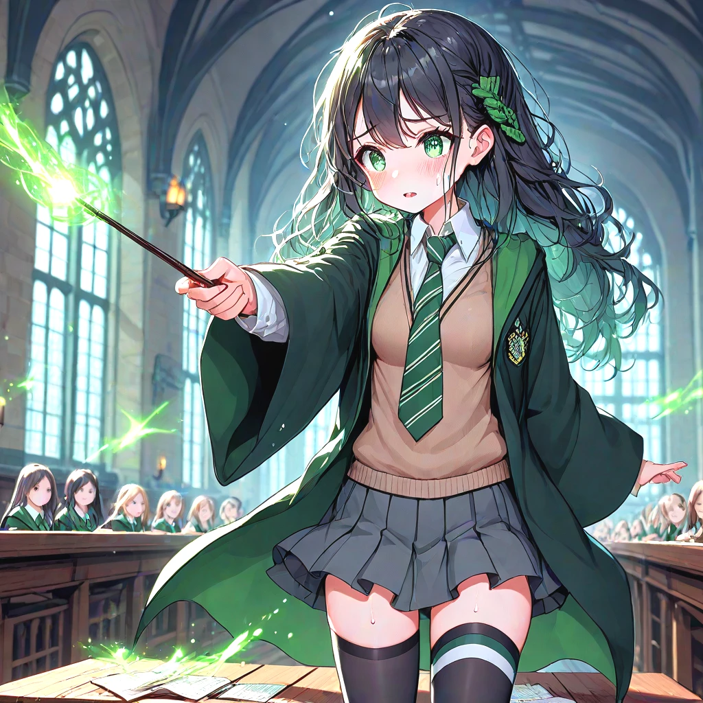 score_9, score_8_up, solo,1girls, slytherin, avada kedavra, green light, holding wand, magic, wide sleeves, striped necktie, sweater, pleated skirt, thighhighs, robe, wind, table, window, hogwarts school uniform, cute, medium tits, sweat, shy, blush, parted lips, black hair, long hair, side braid, <lora:girllikeslytherin_pony05:0.8>