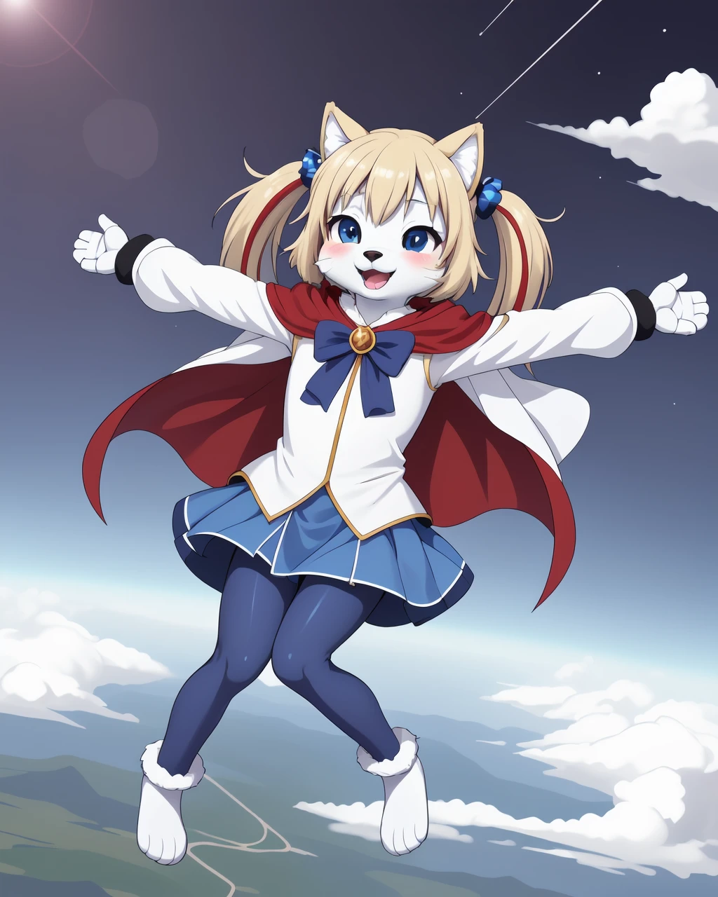 curesky, twintails, hair ornament, earrings, brooch, multicolored clothes, puffy detached long sleeves, blue skirt, cape, white fingerless gloves, blue footwear, blue eyes,(outstretched arms, falling from the sky:1.4), happy, blush, open mouth, looking at viewer, (shiny, cloud, stratosphere:1.4, horizon, Magnificent viewer, beautiful background), lens flare, wind, kneehighs, pantyhose, (furry:1.5), gloves