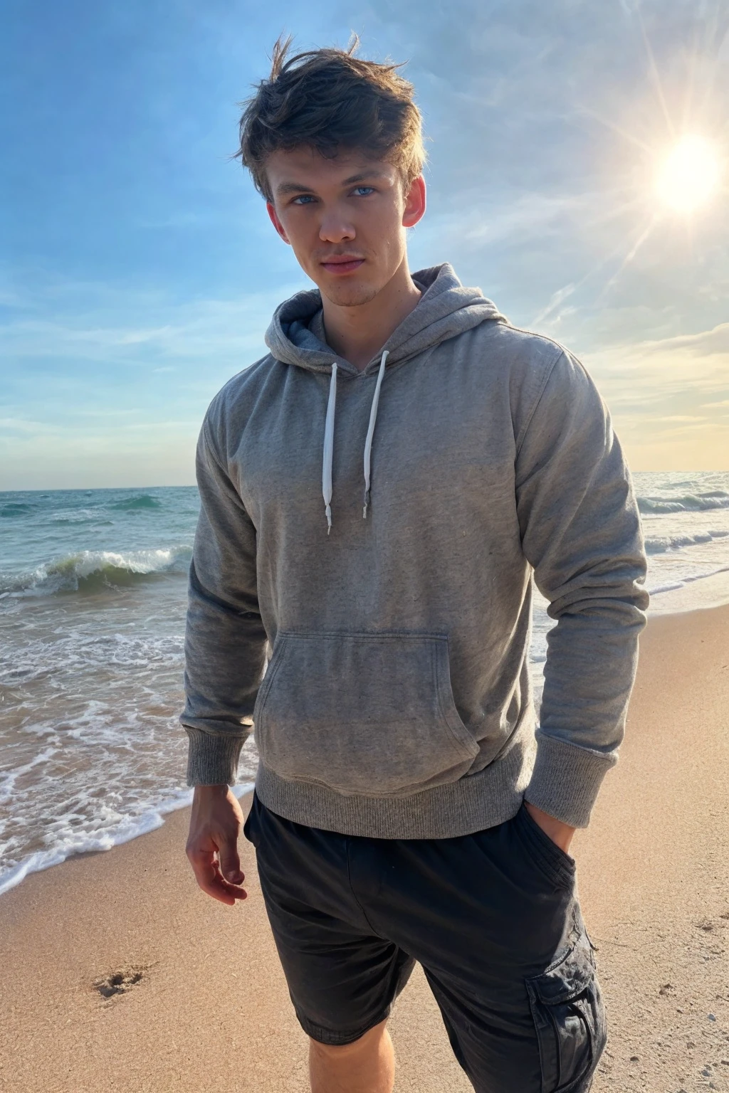 <lora:JeorgV3:1> (Jeorg), (1boy) photorealistic candid still, sweatshorts, shorts,((hoodie sweater)), fully clothed, (cute fit 19 year old twink), thin but fit build, skinny waist, zero percent body fat, vascularity, blue eyes, clean shaven, smooth everywhere, sun shinning on body, standing on the beach, bulge,  RAW photo, detailed photo, gorgeous, shallow depth of field, bokeh, vibrant saturated color, volumetric lighting, iridescent skin, (surreal:0.4), hyper detailed photorealistic life-like accurate proportional 8k sharp focus, (accurate cinematic lighting), photorealistic detail, (selective focus:0.6)   <lora:add_detail:0.8>