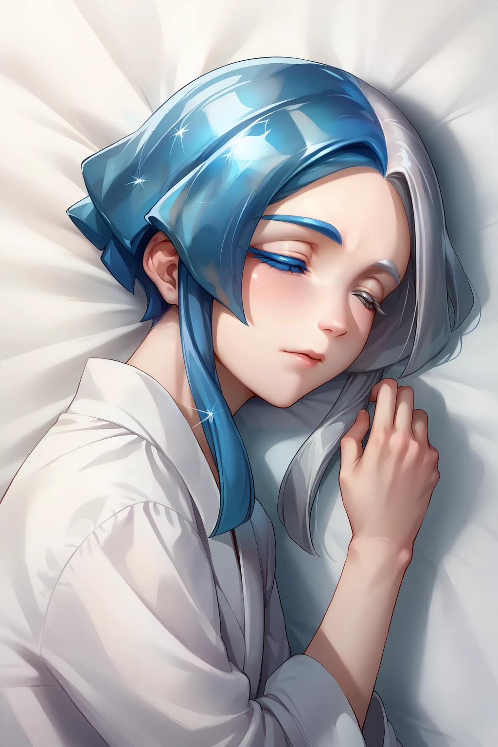 score_9, score_8_up, score_7_up, source_anime, closed eyes, hskecls, white skin, colored eyelashes, heterochromia, blue eyes, grey eyes, split-color hair, blue hair, silver hair, crystal hair, short hair with long locks, white bathrobe, lying, <lora:Hoseki_HousekiNoKuni_Euclase_PDXL_v1:1>