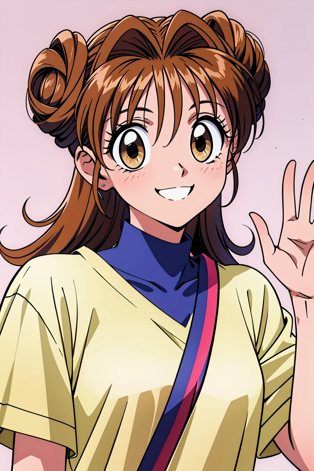 best quality, masterpiece, highrers, waving, maronk, doughnut hair buns, portrait, smile, looking at viewer, simple background, 1990s \(style\), t-shirt, <lora:maronk-000007:.7>