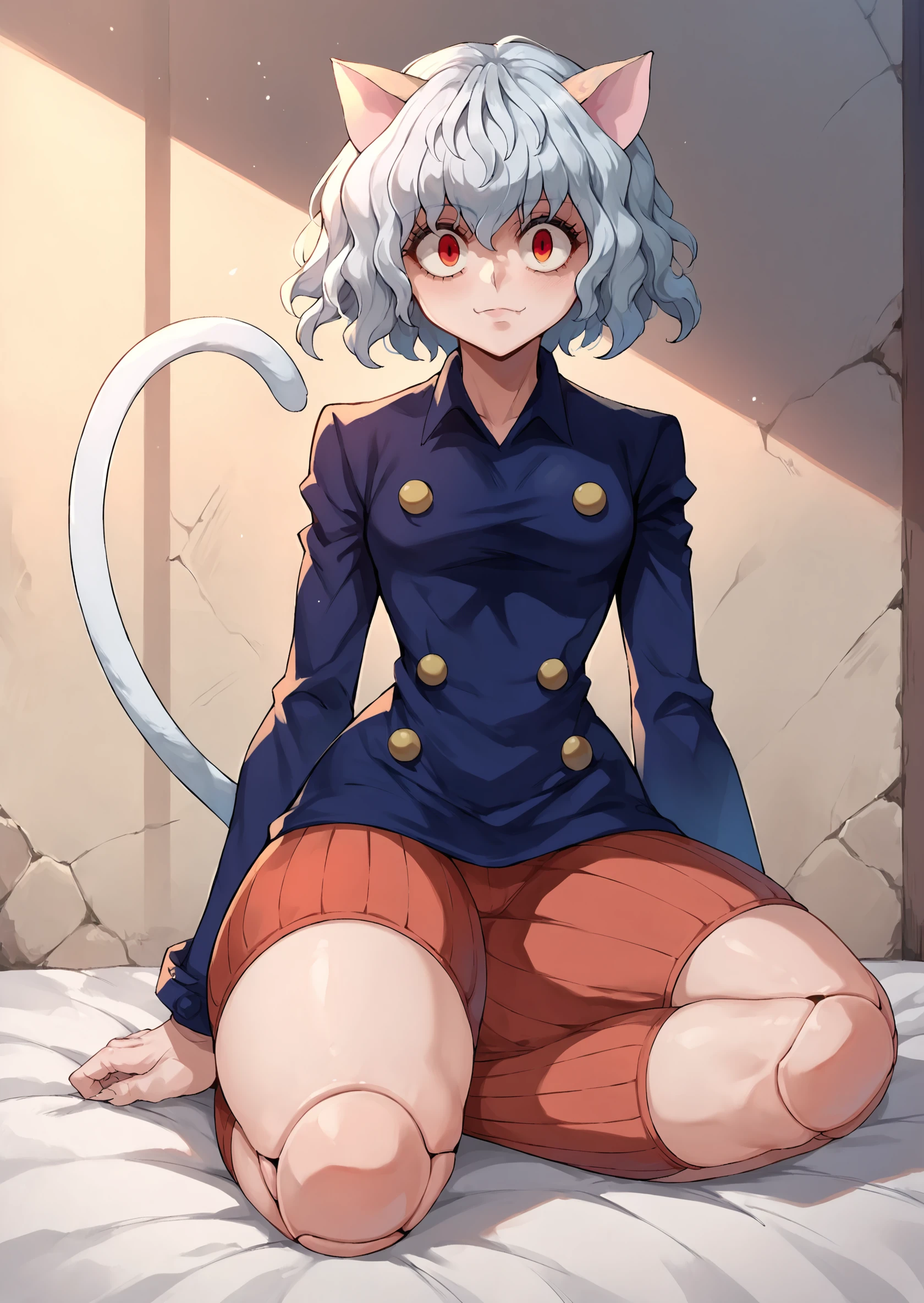 score_9, score_8_up, score_7_up, score_6_up, score_5_up, score_4_up, 2d, anime, thick lines, hxhpitou <lora:Neferpitou_HxH_-_2011_anime_accurate_style:1>, 1girl, cat ears, cat tail, red eyes, thick thighs, wide hips, curvy, panties, doll joints, sitting BREAK source_anime